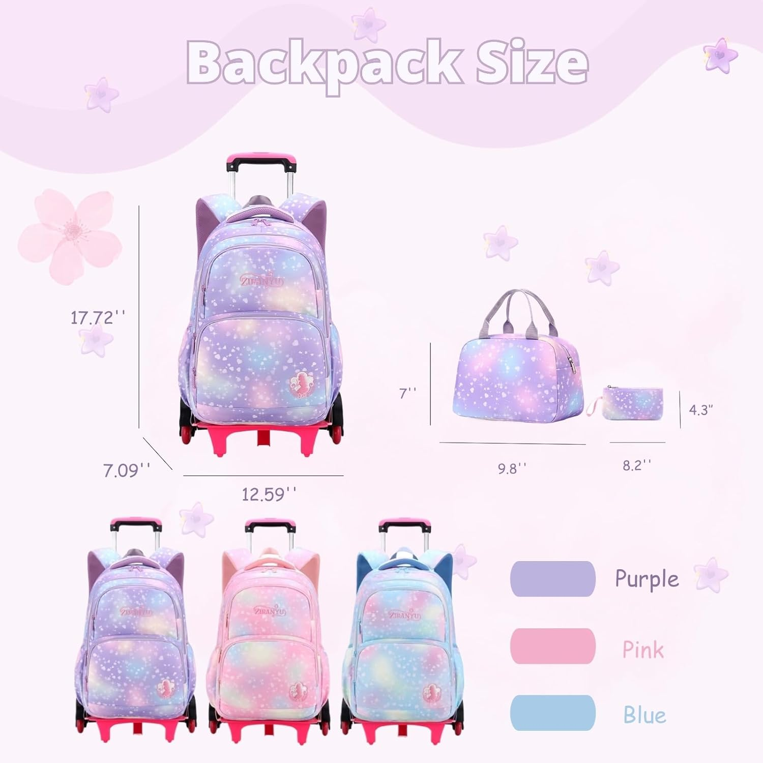Dream Princess Wind Rolling Backpack for Girls Wheeled Travel Bag Trolley School Bag image number 2