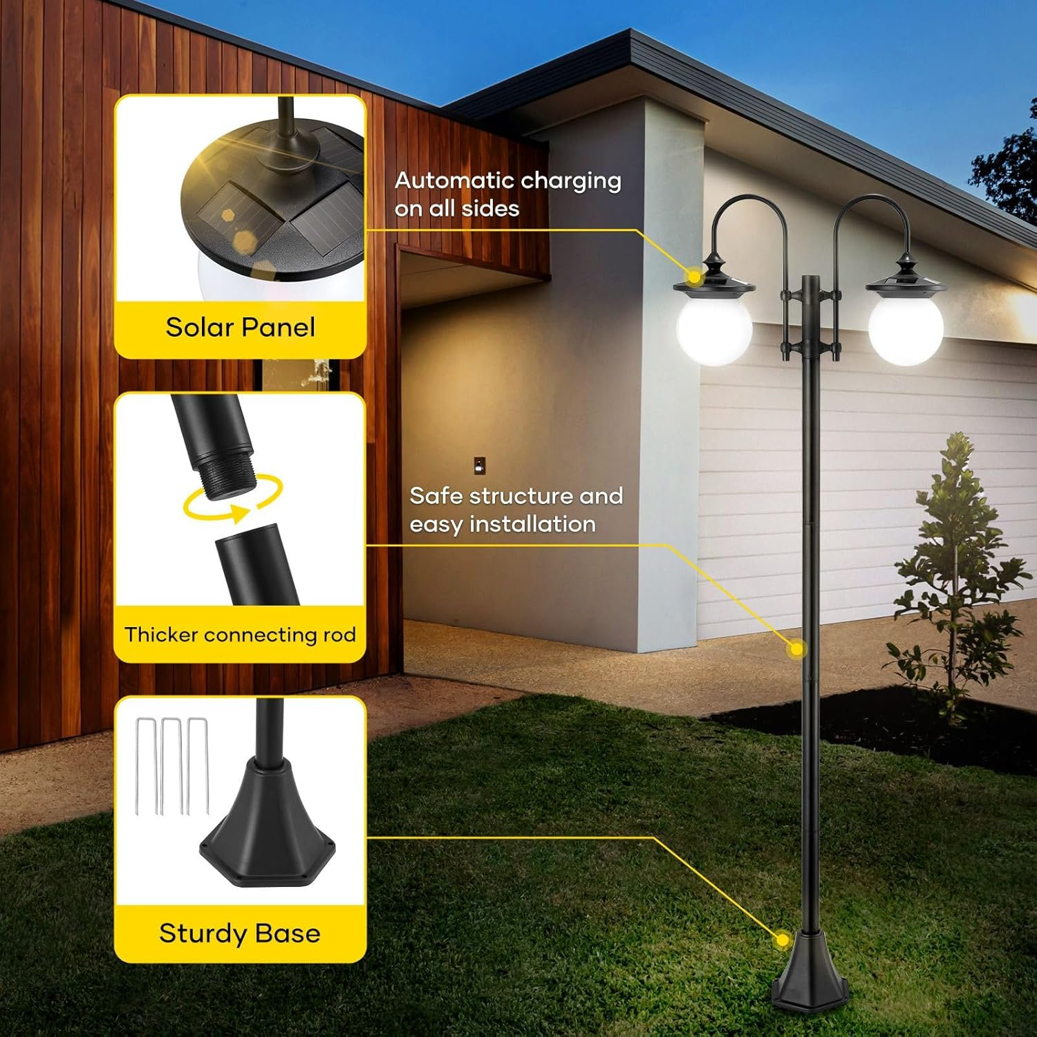 182Cm Solar Outdoor Post Light, IP44 Waterproof Heavy-Duty Aluminum Pole Lights with 2Pcs Globe Shade for Street Garden Pathway Security Pole Lamp Yard Driveway Patio image number 6