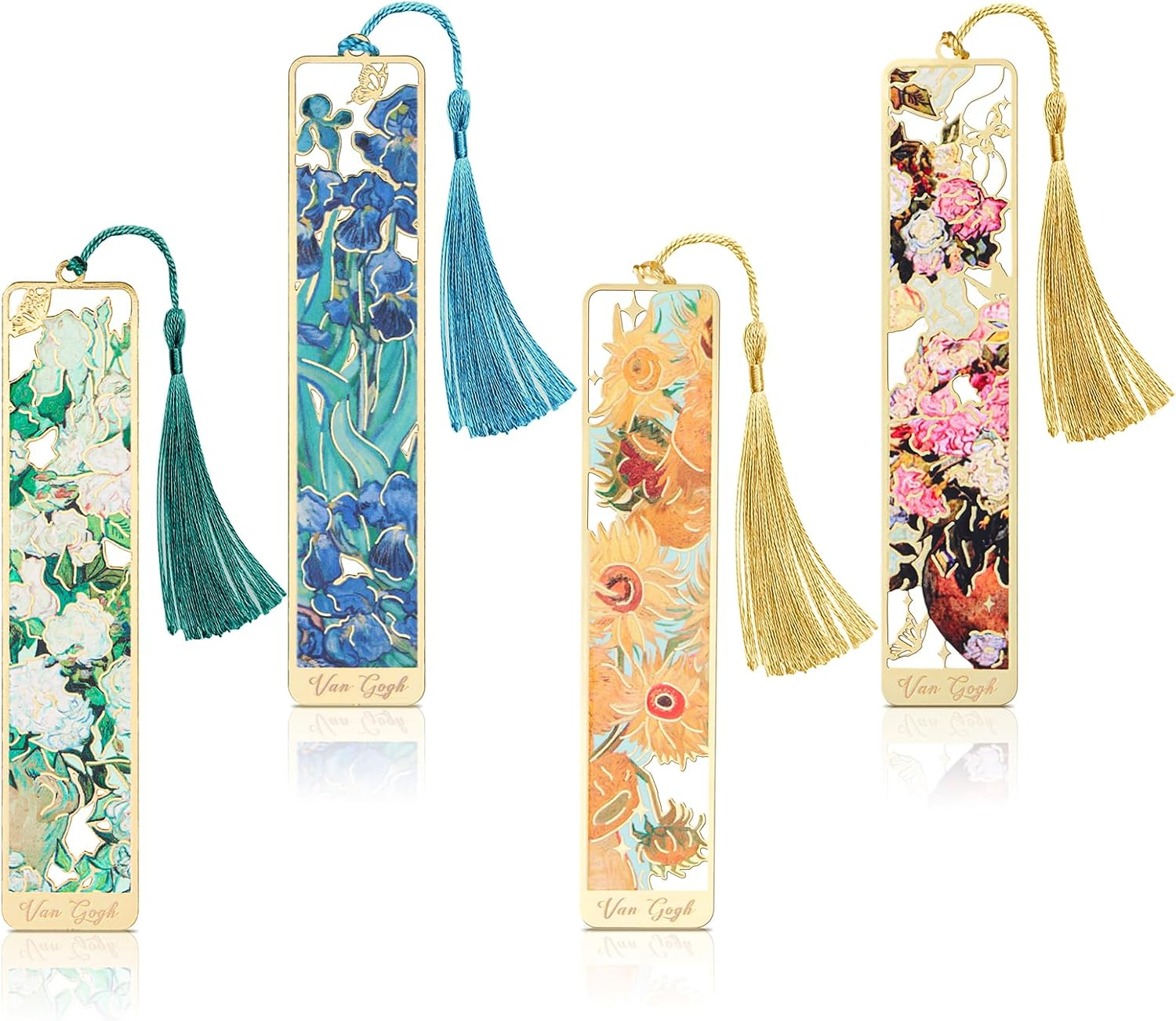4 Metal Bookmarks with Tassels, Golden Hollow, Van Gogh Oil Painting Theme, for Book Lovers, Writers, Readers (Children, Teens, Adults) image number 2
