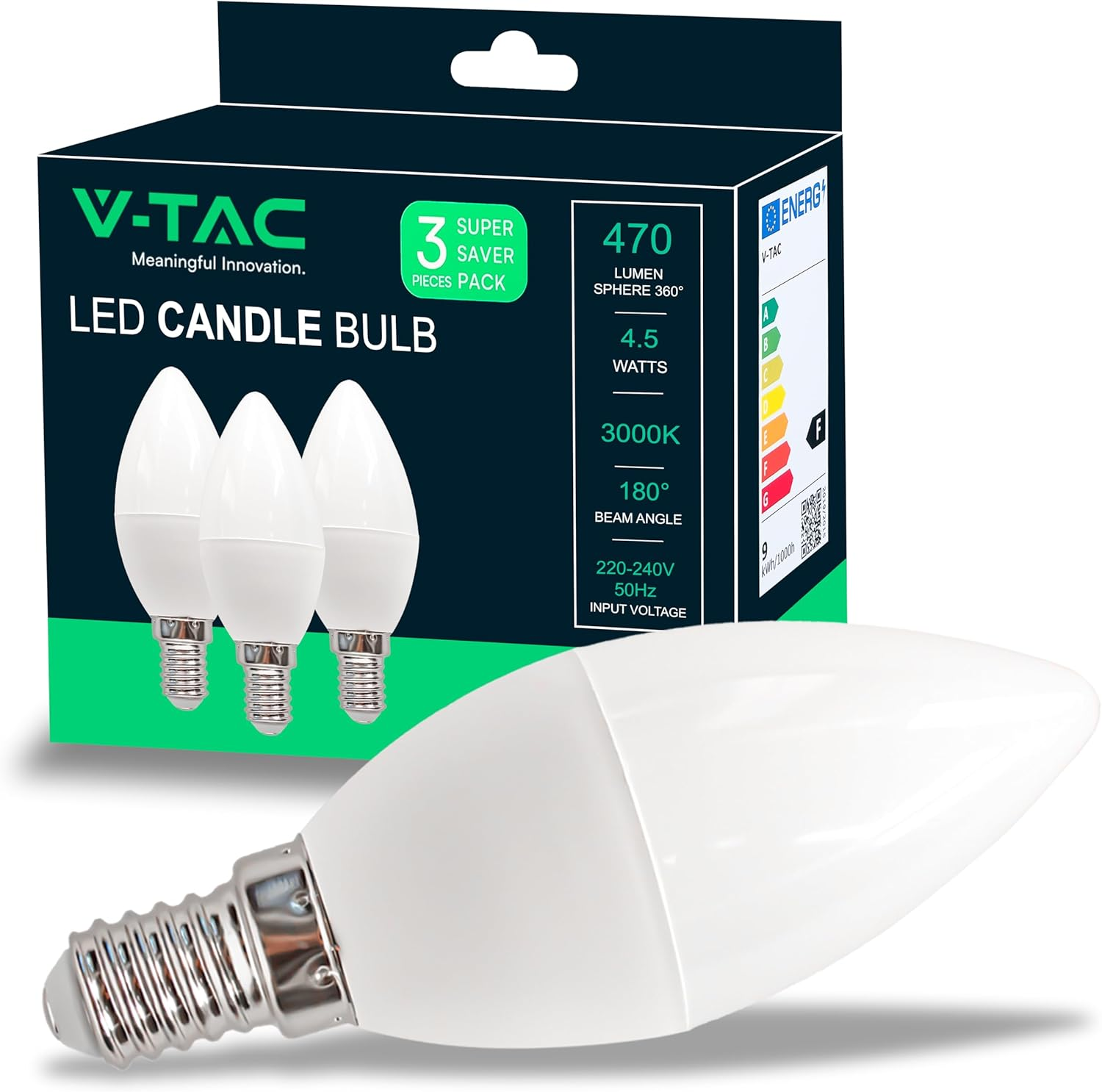 V-TAC Pack of 3 E14 LED Candle Bulbs, 4.5W (Equivalent to 40W) - 470 Lumen - 3000K Warm White - Opening of the Light Beam 180&deg; - Maximum Efficiency and Energy Saving LED Bulb image number 1
