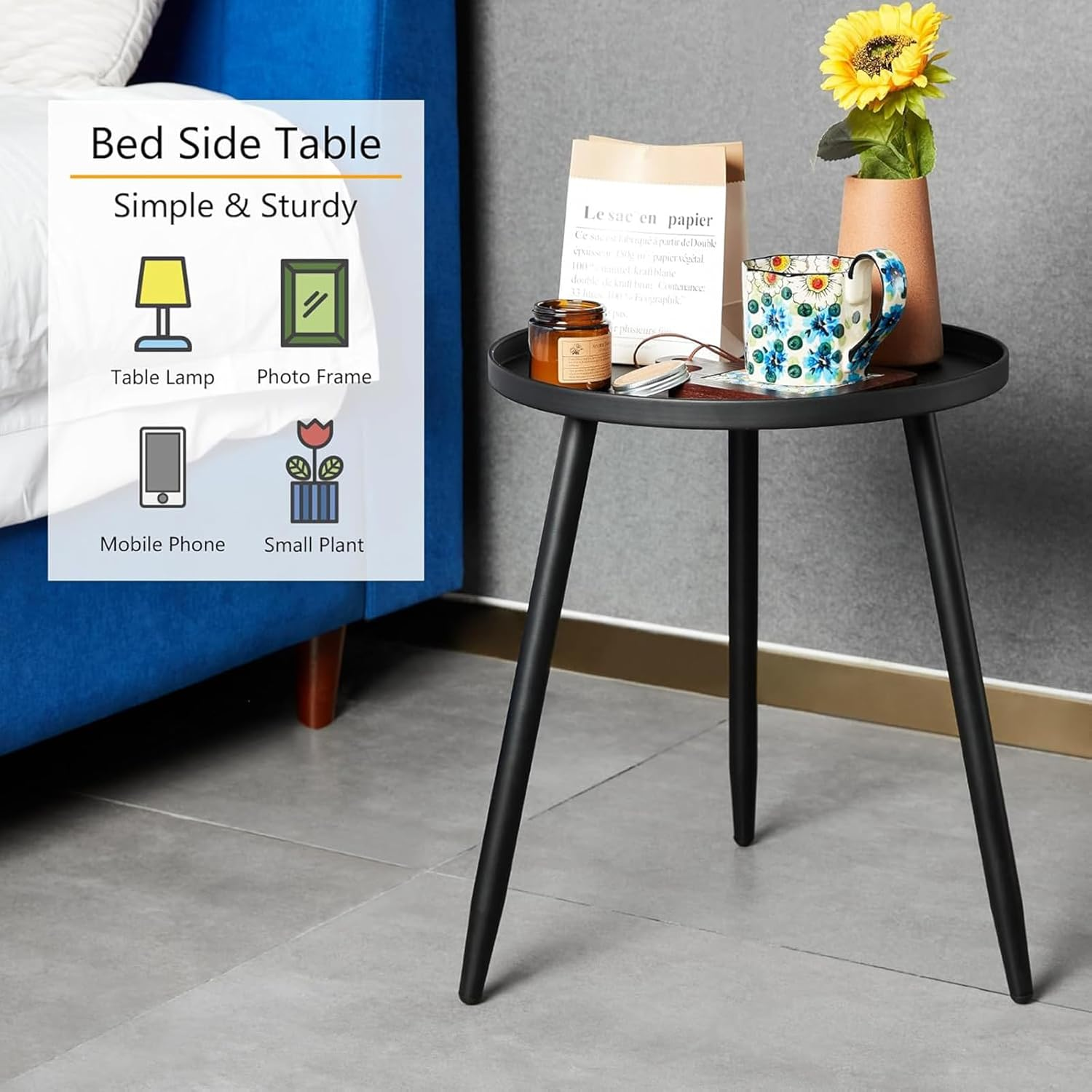 End Table,Small round Accent Coffee Side Table Living Room Waterproof Metal for Bedroom Tall Plant Stand Balcony Indoor Outdoor (Black) image number 2