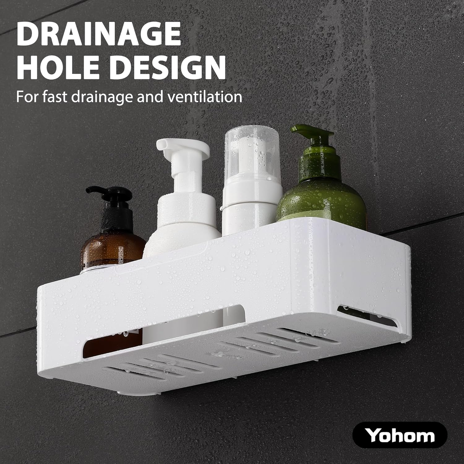 YOHOM Bathroom Shelf Adhesive Shower Caddy for Tile Wall Stick on Shower Shelf No Drilling White Shampoo Holder Organizer Plastic