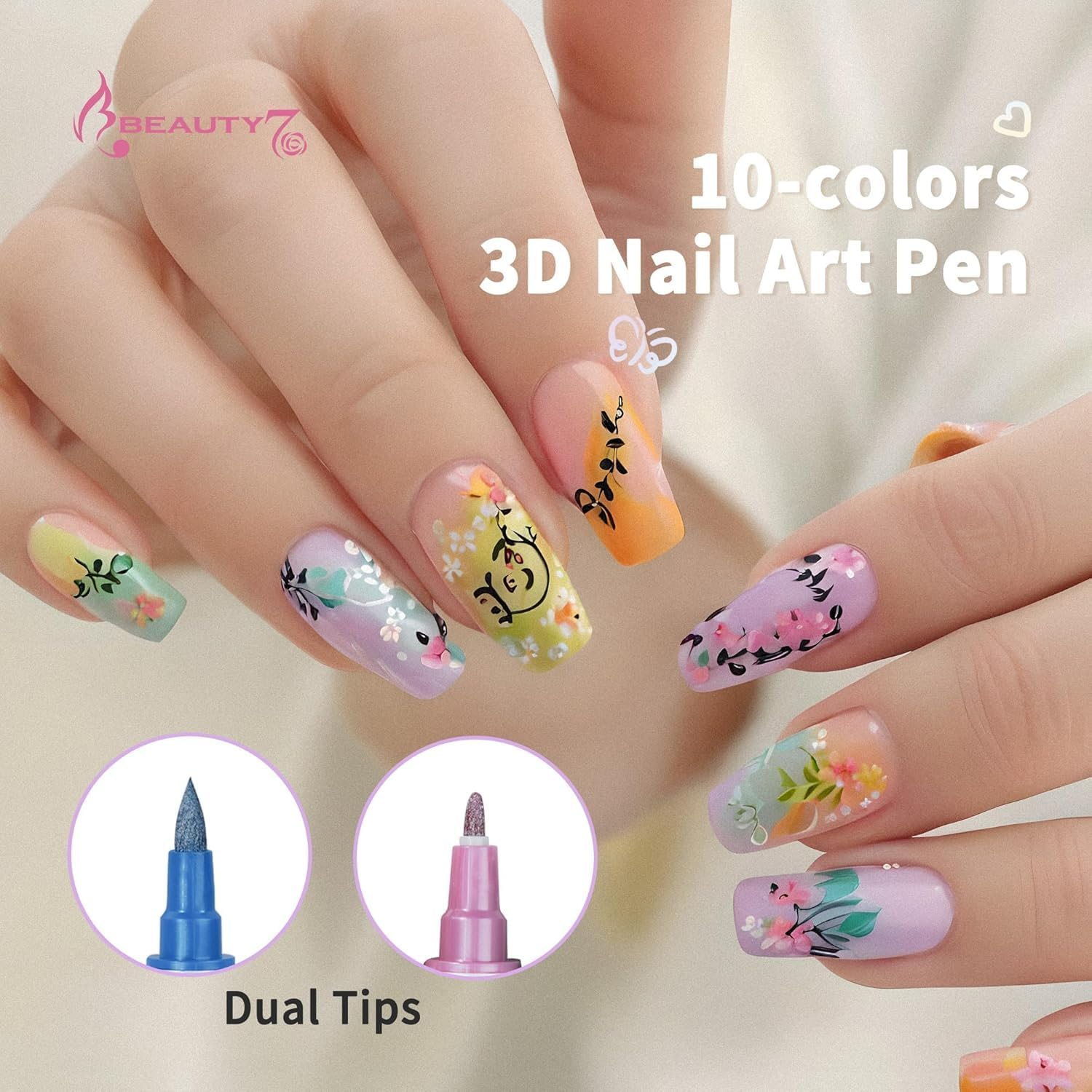 Beauty7 Nail Art Pens Set 10 Color 3D Nail Polish Pens Glitter Dual Tipped Nail Art Pen Drawing Liner Graffiti Dotting Painting Pen Liner Brush Acrylic for DIY Nail Art Beauty
