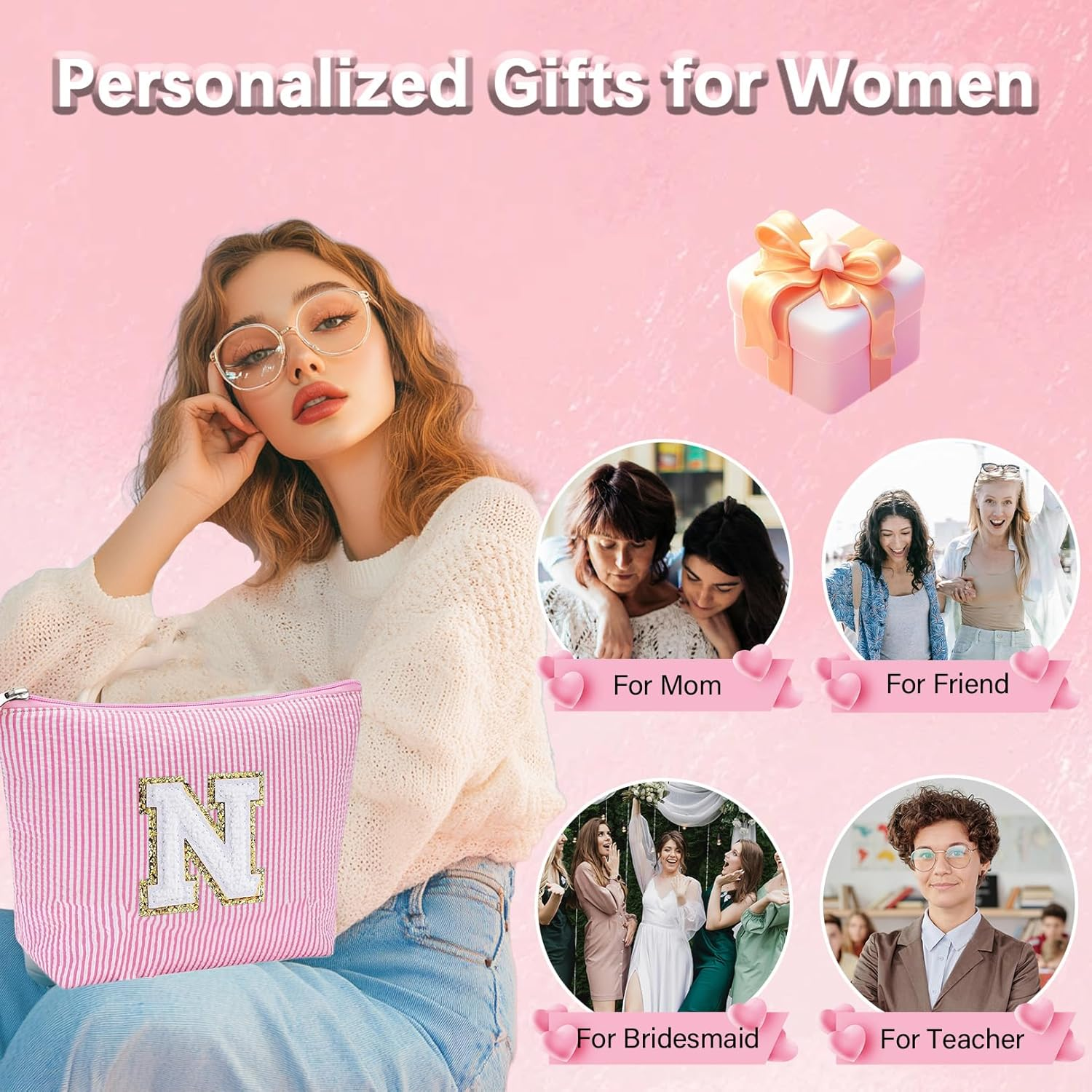 Adoryoung Gifts Personalized Initial Cosmetic Makeup Bag Make up Bag Travel Toiletry Bag for Her Mom Girlfriend Wife Teacher Birthday Gifts for Women Skincare for Girls, Pink, F image number 3