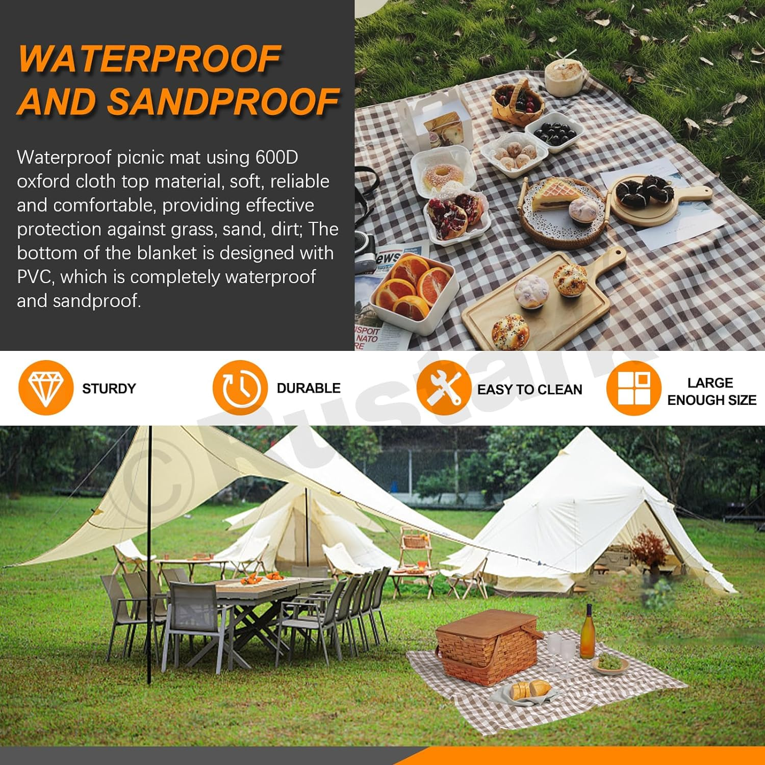 Rustark 79" X 79" Picnic Blanket Outdoor Picnic Mat Beach Blanket Extra Large Foldable Waterproof Portable Gingham Picnic Blanket Picnic Rug for Hiking, Beach, Camping, Park, BBQ and Music Festivals - Coffee Plaid image number 2