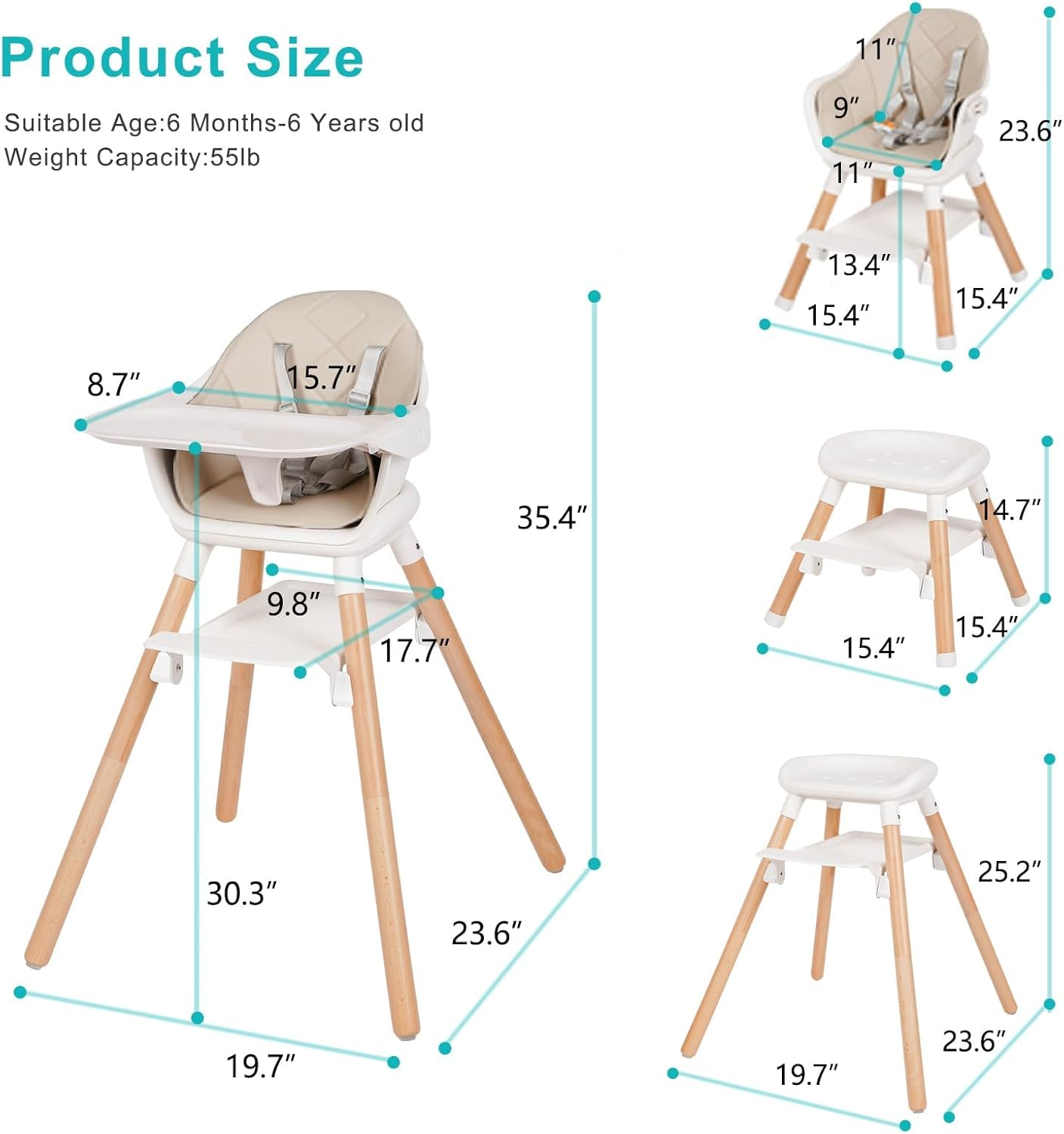 Baby High Chair, 6 in 1 Wooden Convertible High Chairs for Babies and Toddlers, Booster Seat with Double Tray & Reversible Footrest Baby Highchair, 5-Point Harness Baby Feeding Chair (Beige) image number 3