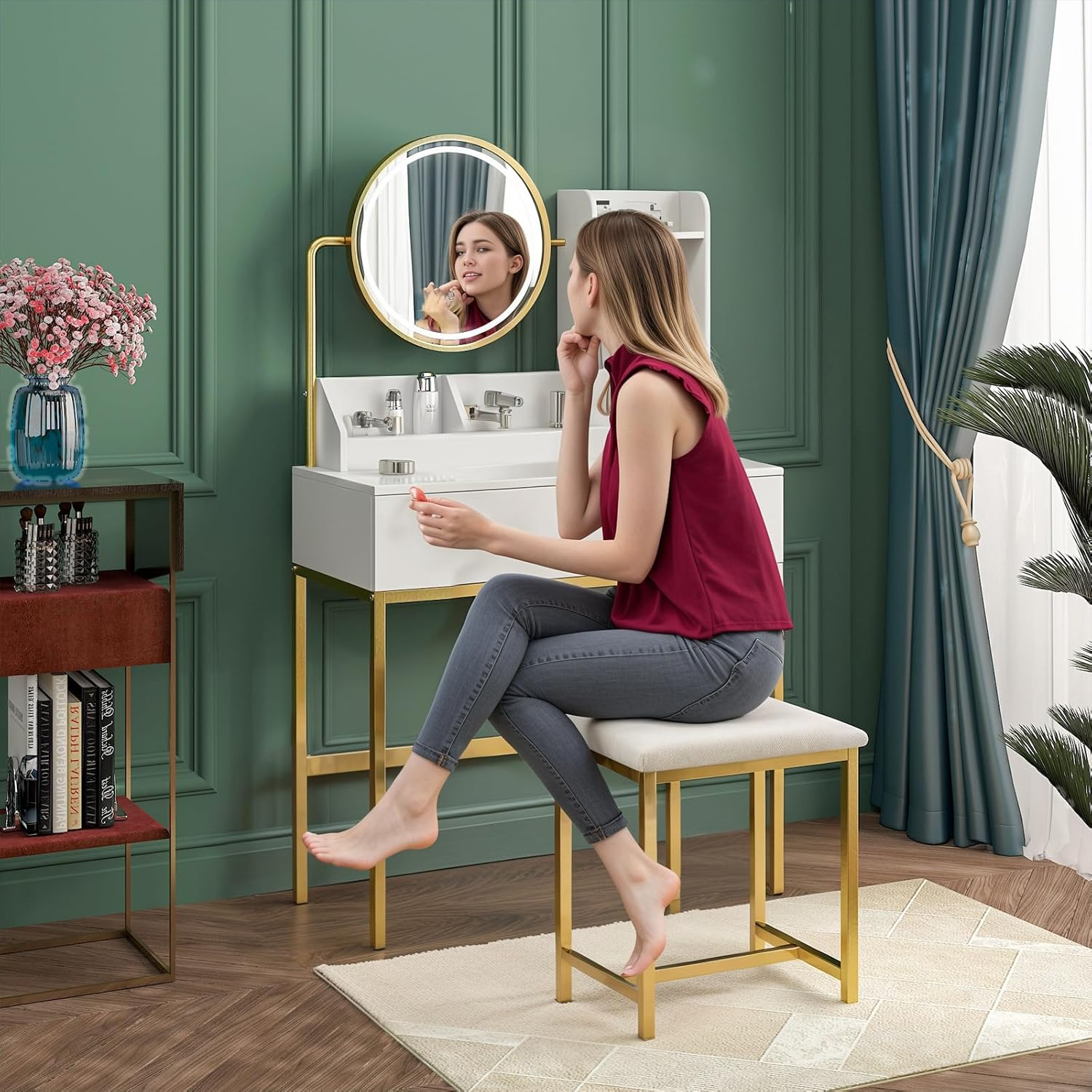 Ufurniture Makeup Vanity Desk Stool Set with LED Light and Charging Station, Dressing Table with 360&deg;Rotating Mirror, Drawers Trays and Shelves Storage for Bedroom, Metal Frame (White Golden) - White Golden image number 5