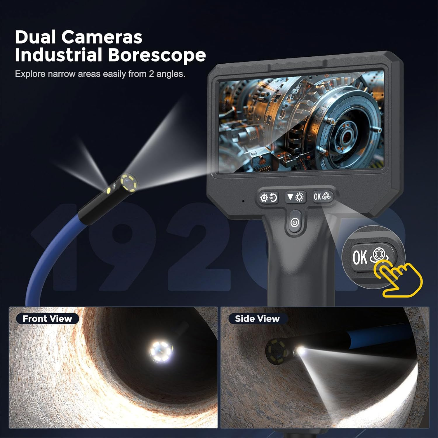 Bluefire Dual Lens Borescope with 4.3'' IPS Screen, 1920P HD Industrial Endoscope Dual Lens Inspection Camera with 7 LED Lights, Waterproof Snake Camera for Sewer Pipe(3.5M) image number 2