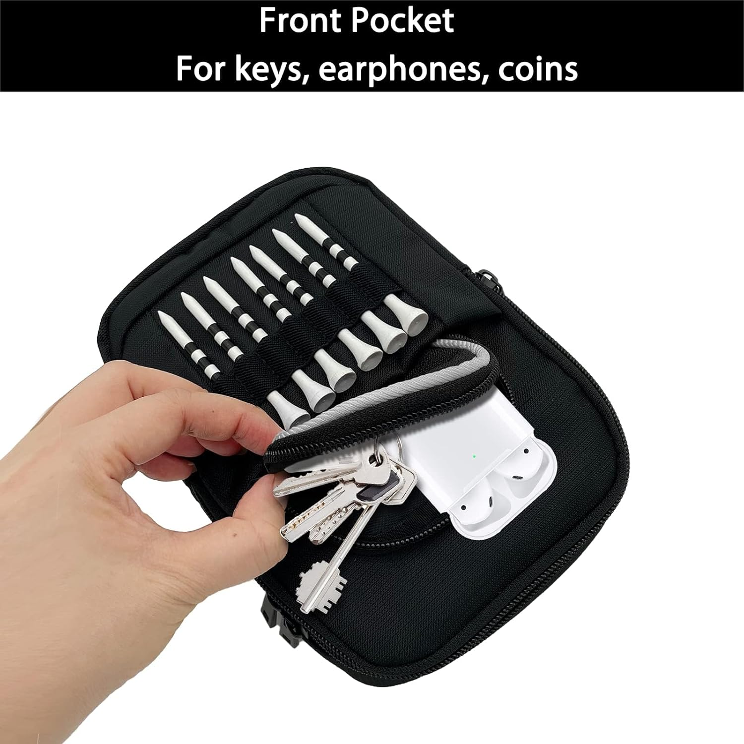 Golf Bag Pouch for Balls and Accessories | 3 Zipper Pockets | Detachable Clip | Store up to 15 Balls | Front Tee Holder Holds 7 Cleats image number 4