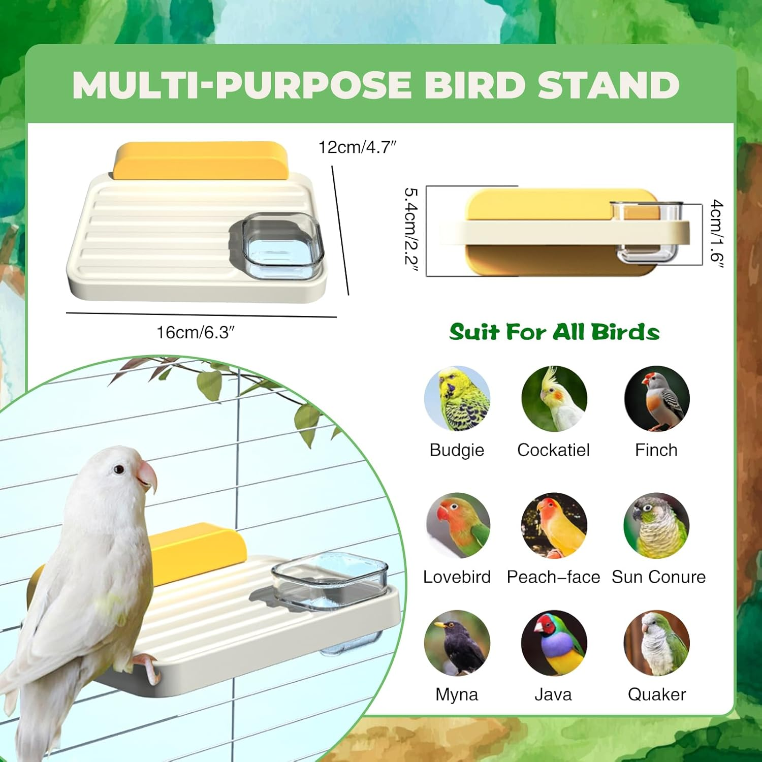 SUSOO Bird Perch Platform with Feeding Cup, Easy Clean Birds Stand for Pet Cage Accessories for Parrots, Parakeet, Budgie, Conure,Love Birds & Cockatiel,Stick-On Window Bird Feeder for Interaction Toy image number 1