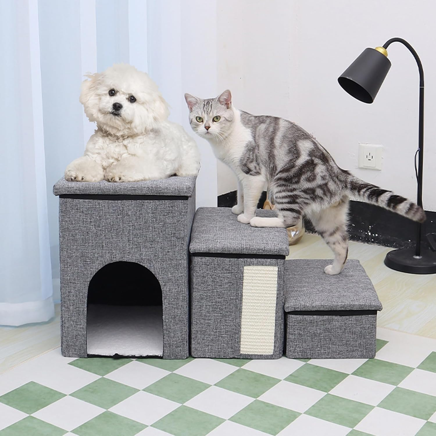 Incifuerza Dog Step Stairs with Storage, Foldable 3-Step Pet Ladder for High Beds, Window, Couch, Portable Cat & Puppy Steps, Dog Stair Ramp with Storage Box image number 2