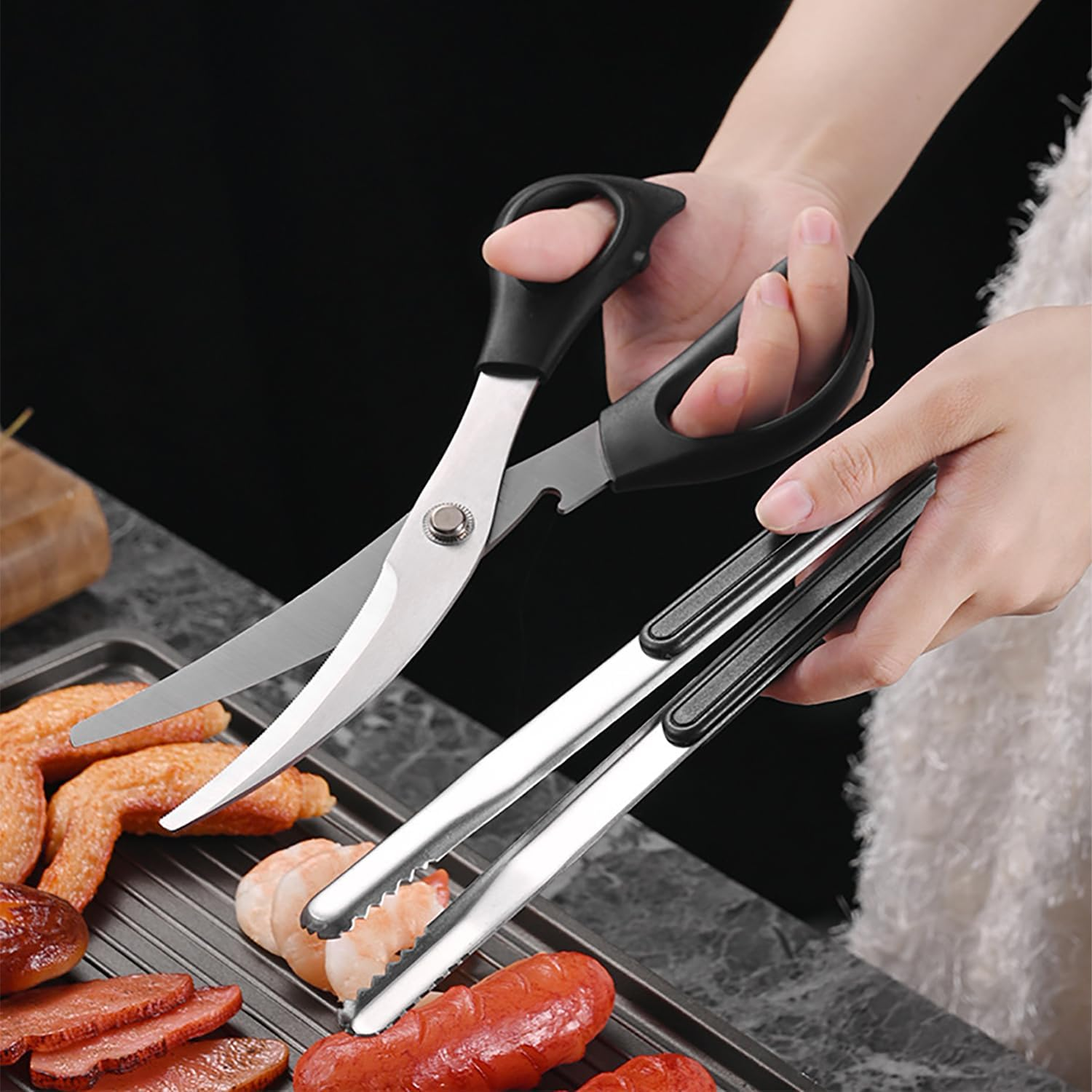 BEANPRECOY Korean Barbecue Scissors and Tongs Set BBQ Scissors BBQ Tongs Stainless Steel Ergonomic Sharp Shears and Clips for Kitchen Cooking Clips Pizza Shears for Easy Use (Black)