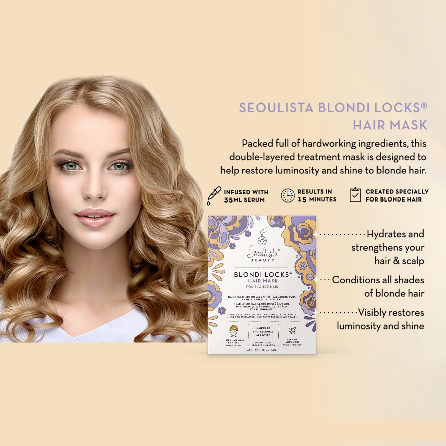 Seoulista Beauty Blondi Locks Hair Mask - HELP RESTORE LUMINOSITY and SHINE to BLONDE HAIR | Designed to Deeply Hydrate, Strengthen and Deliver a Shimmering Sheen to Blonde Hair, Beige image number 3