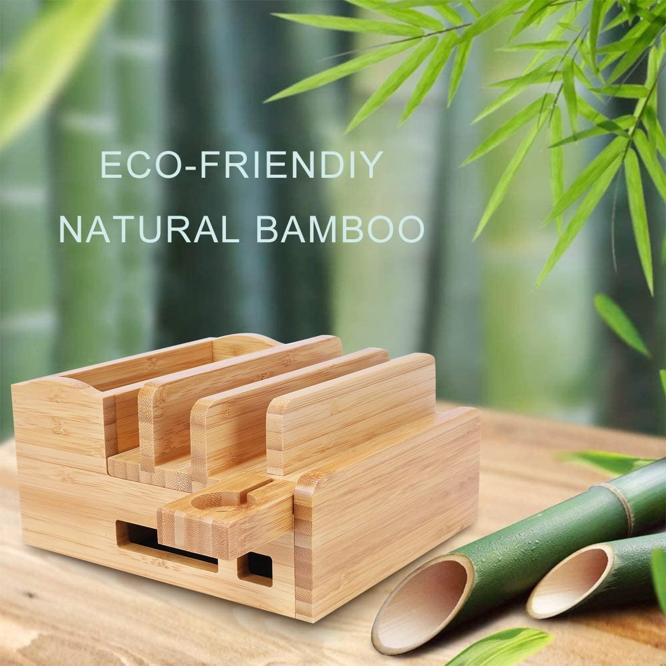 Bamboo 5-Slot Charging Station Docking Holder, USB Charging Station for Multiple Devices, Smartwatches, Tablets, Yellow image number 4