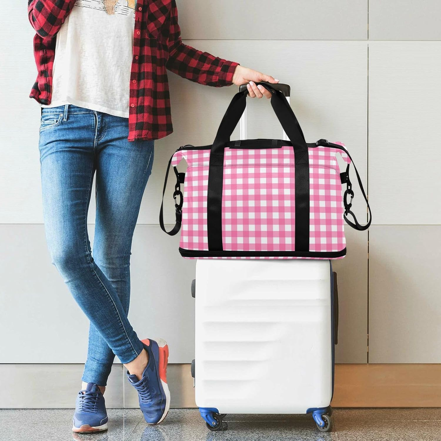 Pink and White Grid Large Bag Travel Weekender Gear Bag with Adjustable Strap for Business Trips Waterproof, Pink and White Grid, 1 Size image number 6