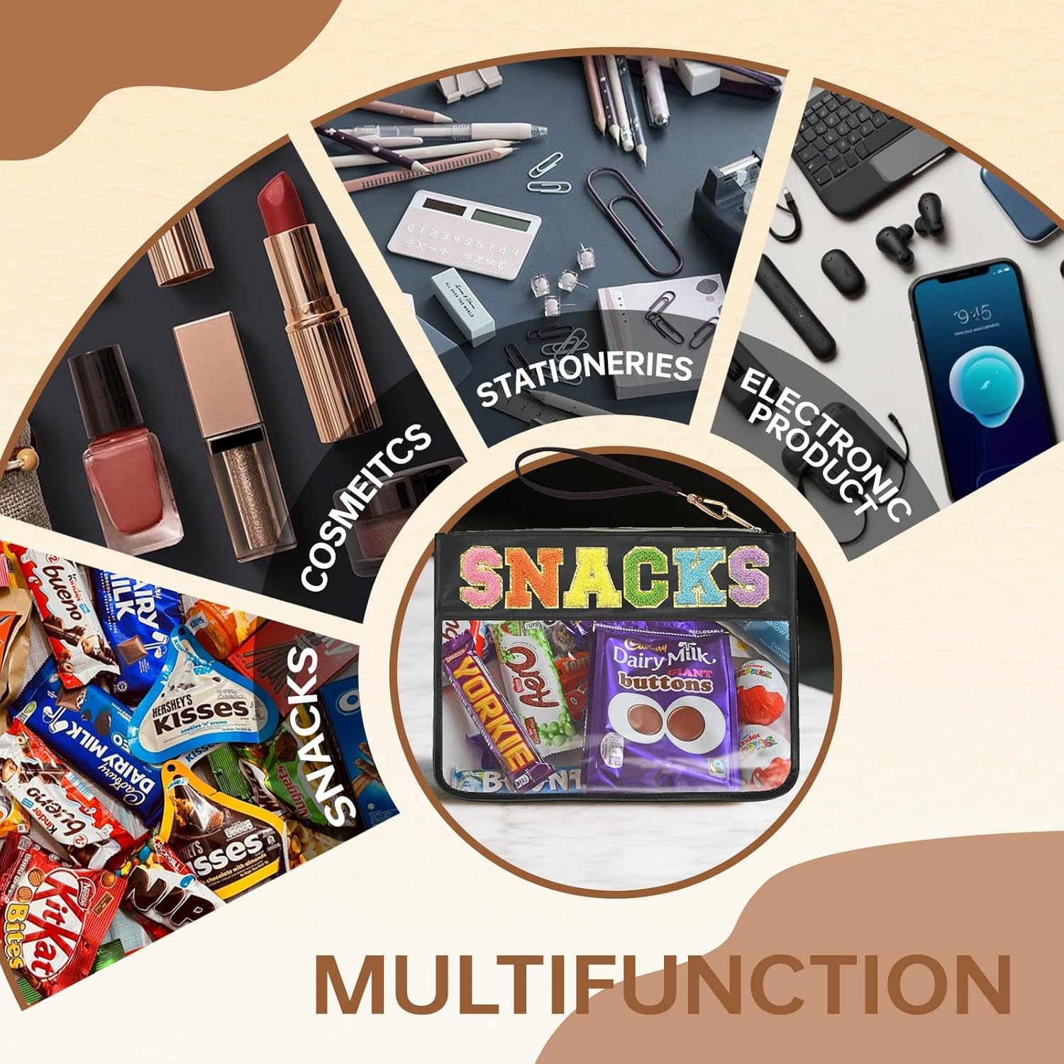 Burskit Snacks Bag Clear Chenille Varsity Letter Zipper Pouch Travel Makeup Bag Aesthetic Storage Organizer Pouches for Women with Glitter Patch Letters (Black-Snacks) - Bl-Beach image number 6