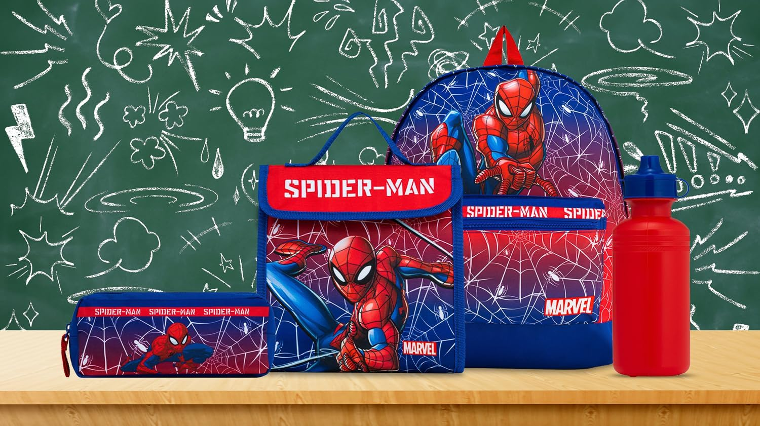 Marvel Spiderman Backpack 4 Piece School Set with Lunch Bag, Pencil Case & Water Bottle | Boys Rucksack with Padded Adjustable Straps &ndash; School Supplies image number 1