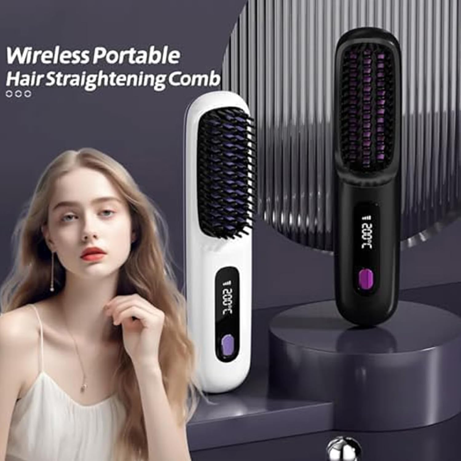 2026 New Brush Pro, Portable Straightener Brush for Travel, with LCD Temperature Display, Fast Heating Cordless Mini Hair Brushs (Black)