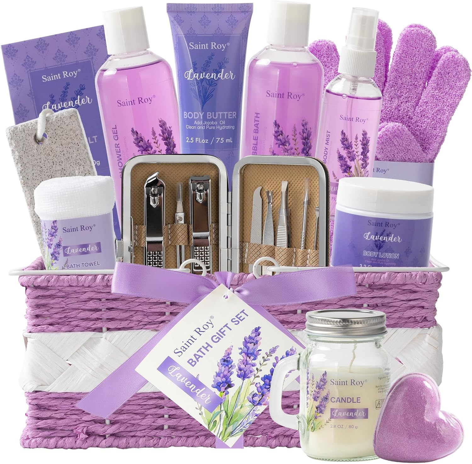 Bath Gift Basket for Women & Men, Luxury Self Care Home Spa Kit Lavender Bath Gift Basket 20Pcs Includes Nail Clippers Set, Pumice Stone, Bath Bomb, Candle, Bath Gloves & More Christmas Spa Gifts Mom image number 4