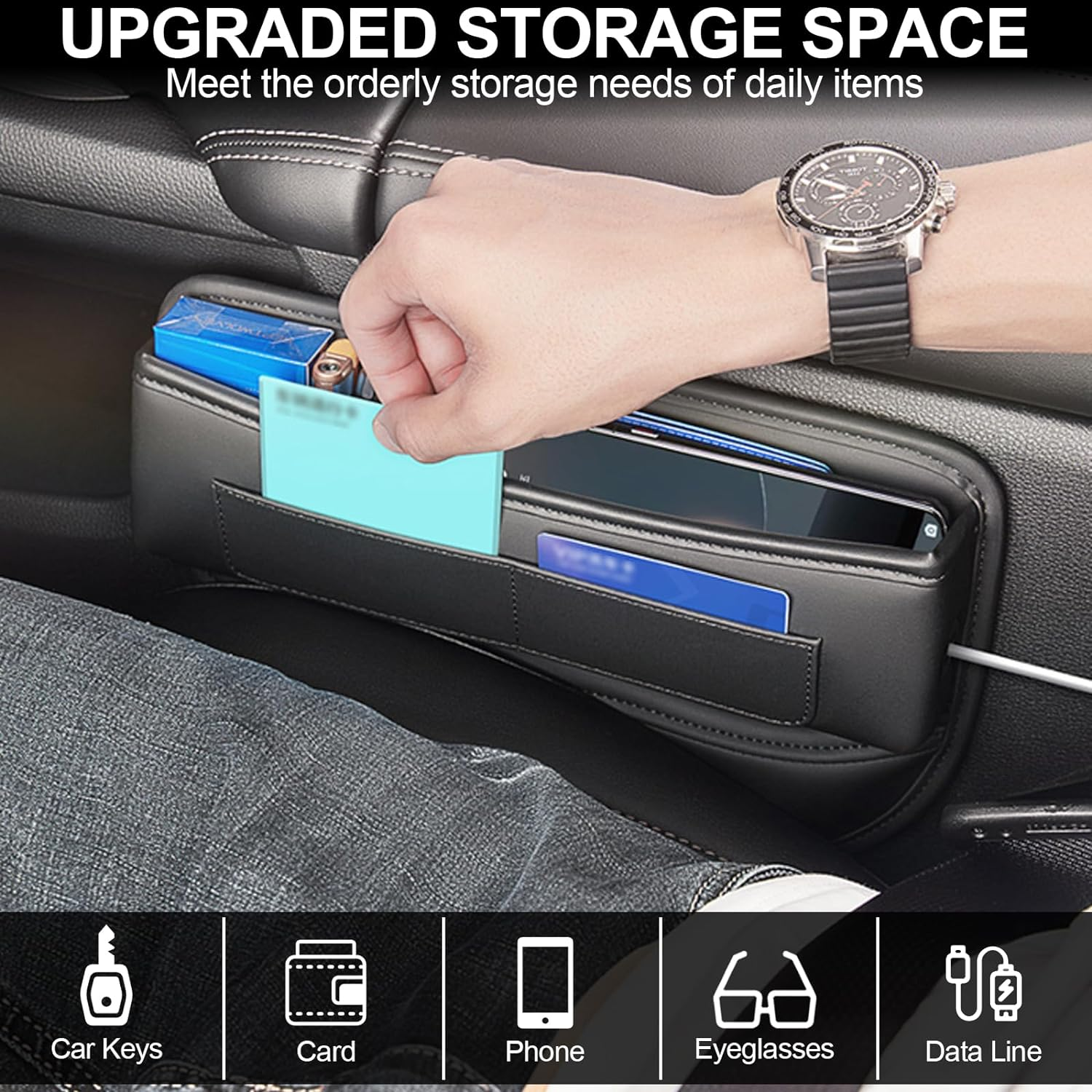 Car Seat Gap Filler, 2 Pack Universal Organizer Front Seat Leather Accessories Essentials for SUV Truck, Adjustable Universal Fit (Black) image number 3