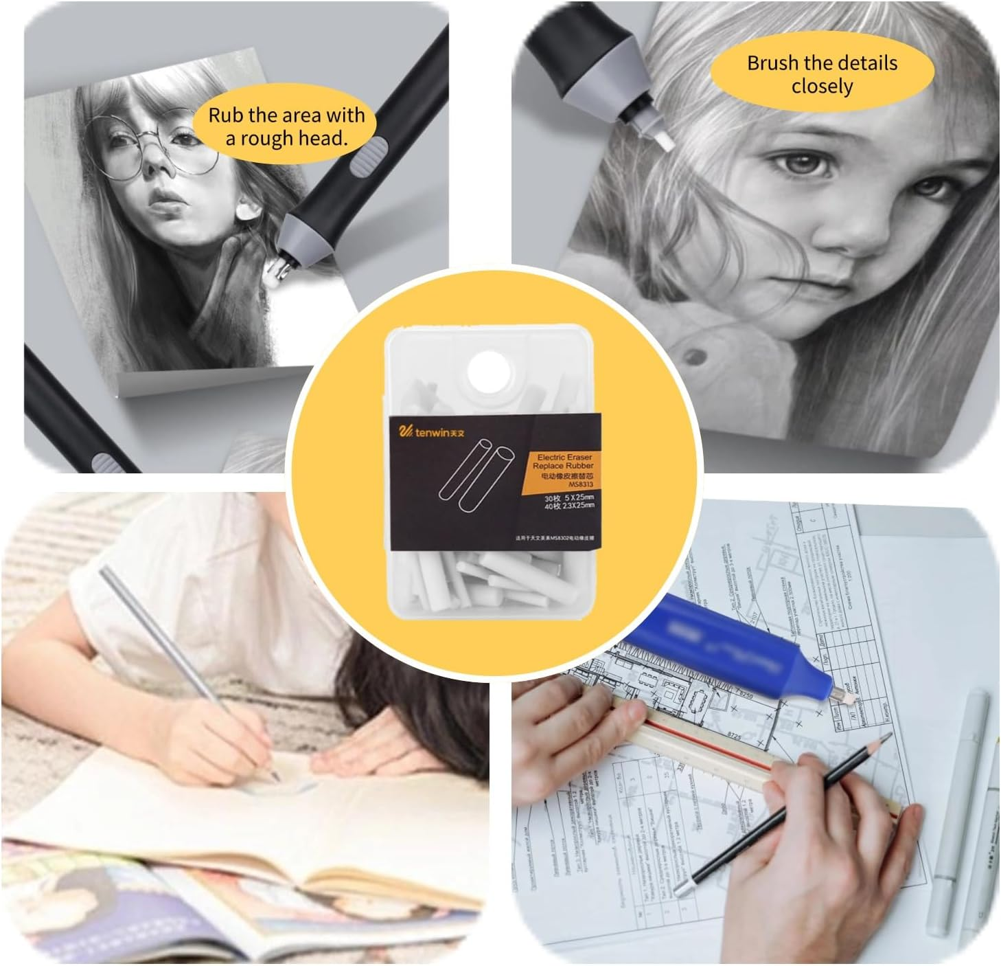 Lyfengdeam Eraser Refills,Portable Electric Eraser Refills 30Pcs Big/Thick + 40Pcs Small/Thin Eraser Refills Replaceable Stationery for School Students Artists Drawing Painting Sketching image number 6
