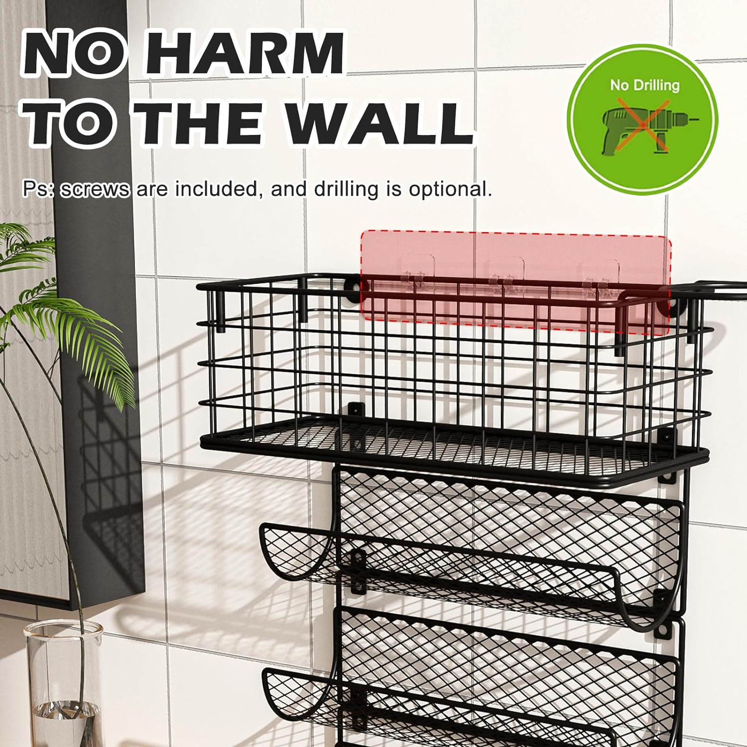 Wall-Mounted Hair Dryer Holder Styling Tool Organizer 4-Shelf Storage Wire Basket with Hook Heat Safe Rack for Hair-Straighteners,Curling Wands,Flat Iron,Perfume,Cabinet Door Bathroom Kitchen - Black-1 Basket  2 Shelf image number 6