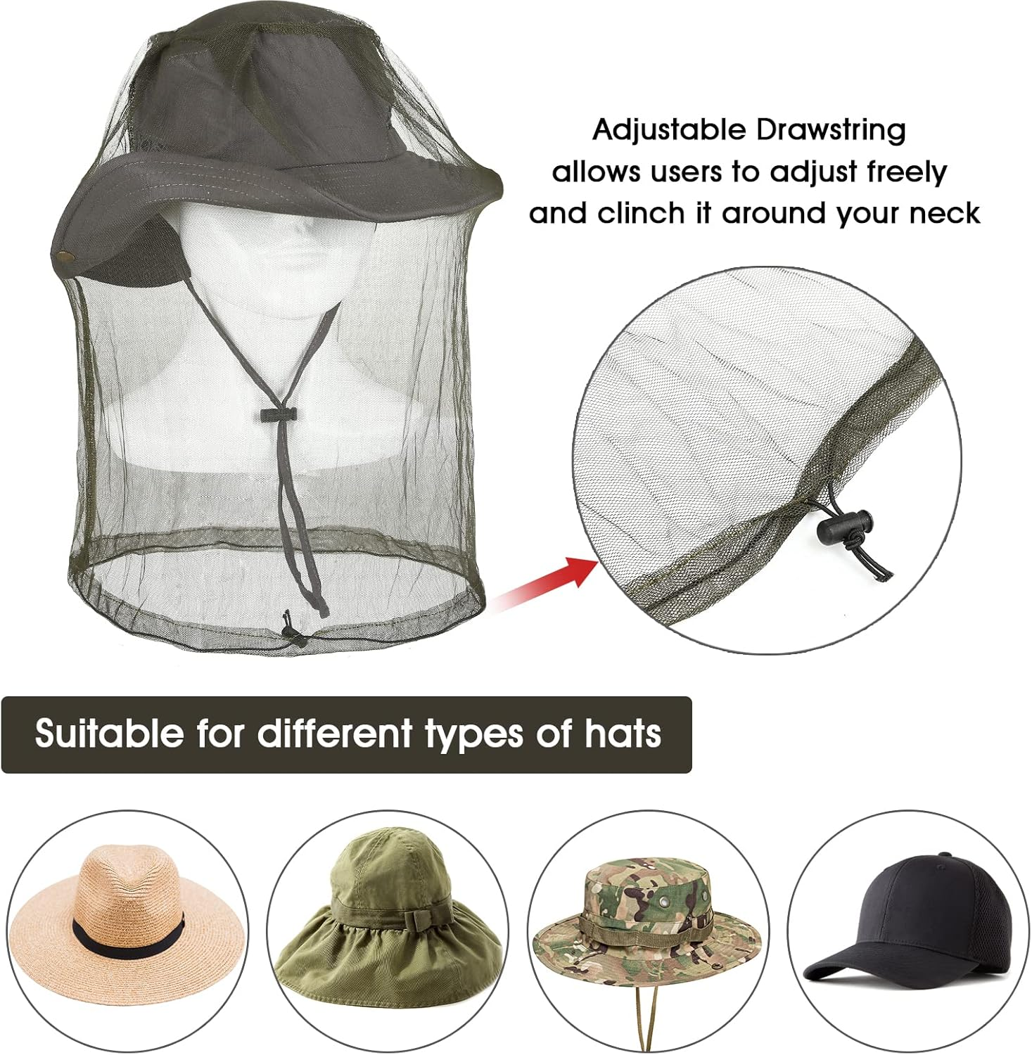 GWHOLE 2 Pack Mosquito Head Net Protector Face Neck Protection Hat Protector for Outdoor Fishing, Hiking, Beekeeping and Gardening image number 2