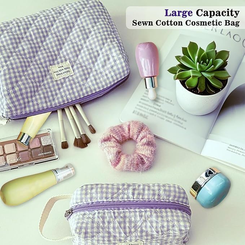 Ksngtixe 2 Pcs Quilted Cotton Makeup Bags Set - Cute Checkered Design Cosmetic Organizer for Brushes & Toiletries, Travel-Friendly Beauty Storage (24Cm+16Cm) image number 3