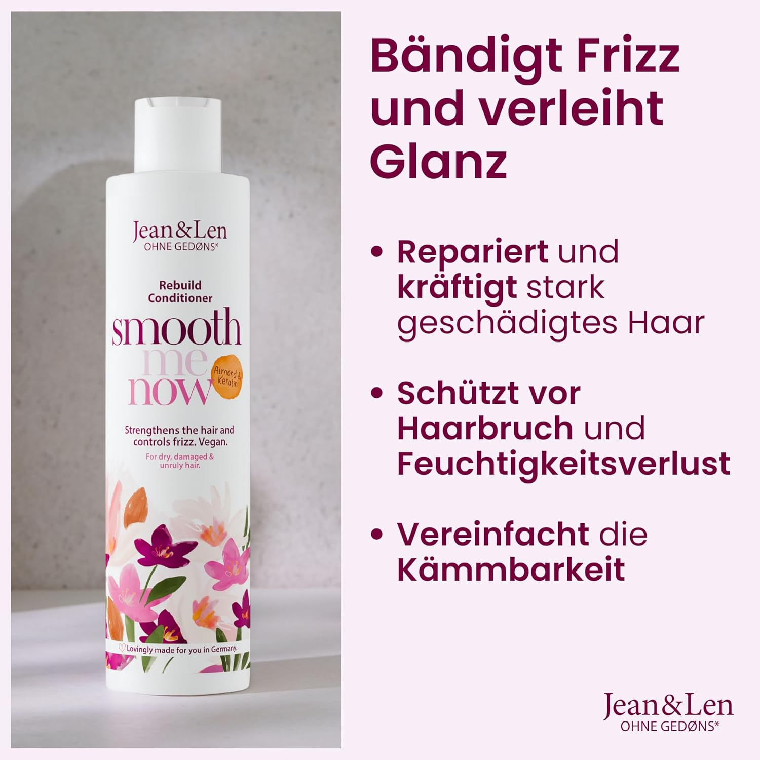 Jean & Len Conditioner Restorative Almond & Keratin, for Structure-Damaged Hair, Tames Frizz and Gives Shine, Hair Conditioner with Vegetable Keratin, Parabens & Silicones, Vegan, 300 Ml image number 5