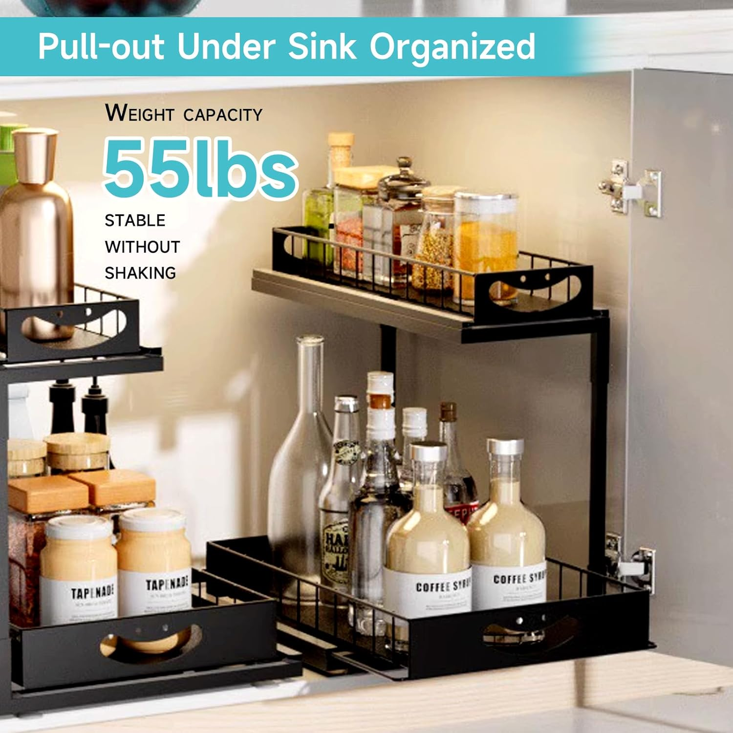 2 Tier under Sink Storage,Kitchen under Sink Organiser,Sliding Cabinet Drawer Storage,Home Kitchen Pantry Bathroom image number 3