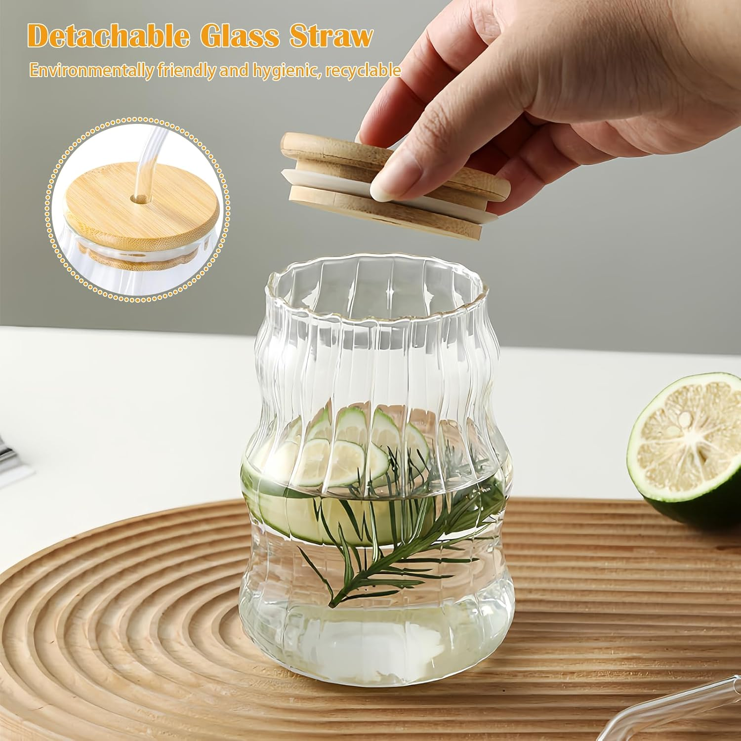 4 Pieces Cappuccino Glasses, Coffee Glasses Set with Lid and Straw, 500Ml Latte Macchiato Cups Glass Origami Style Glasses Drinking Coffee Cups Ribbed for Latte Tea Ice Milk Beer image number 6