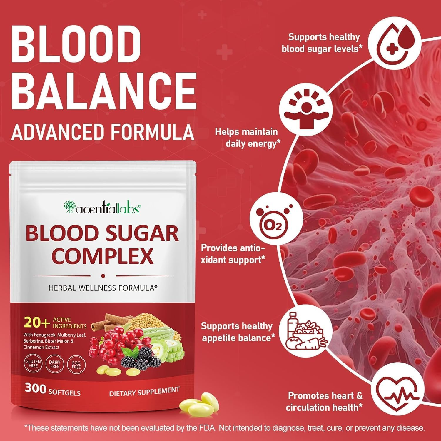 Blood Sugar Complex Supplement | 20+ Active Ingredients | Includes Fenugreek, Mulberry Leaf, Bitter Melon, Cinnamon & More | Gluten-Free, Dairy-Free, Egg-Free | 300 Softgels image number 6