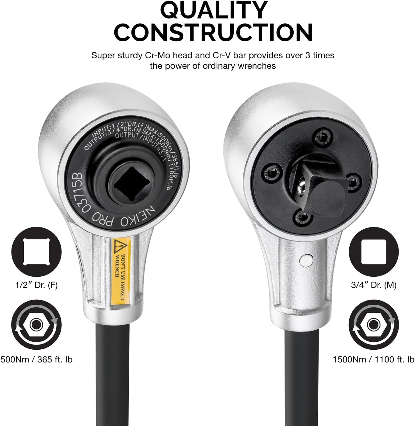 NEIKO PRO 03715B 1/2" Drive Torque Wrench, 1100 Foot-Pound Heavy Duty Torque Multiplier Wrench, Cr-Mo and Chrome-Vanadium