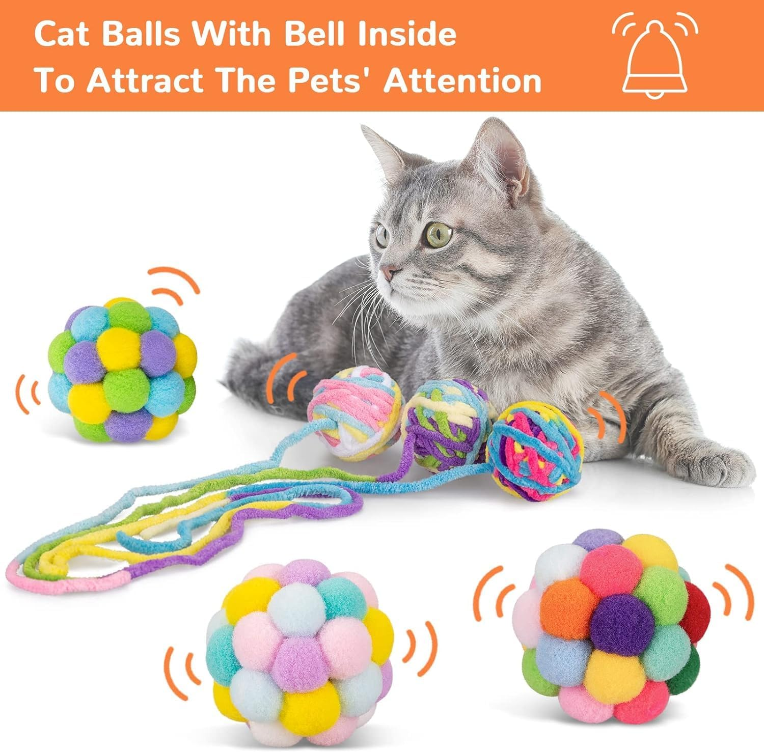 Cat Toys Ball 6 Pcs,Yarn Cat Balls with Bells Inside,Interactive Kitten Toys for Indoor Kitten Chew,Kitty Toys Fuzzy Ball with String Color Random image number 4