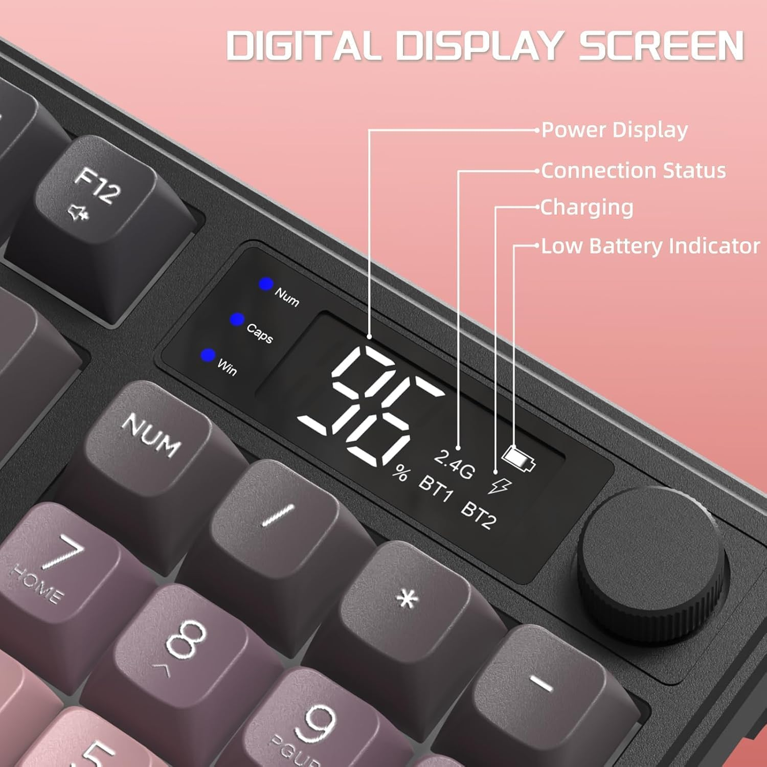 FREEWOLF M96 Wireless Gaming Keyboard Creamy Membrane with Rainbow Backlight,Media Knob,Lcd Screen,Dual Mode-Bluetooth/2.4Ghz,Ball Shape PBT Keycap 94 Key ANSI Layout for Win Mac PC Gamer(Blackberry) image number 1