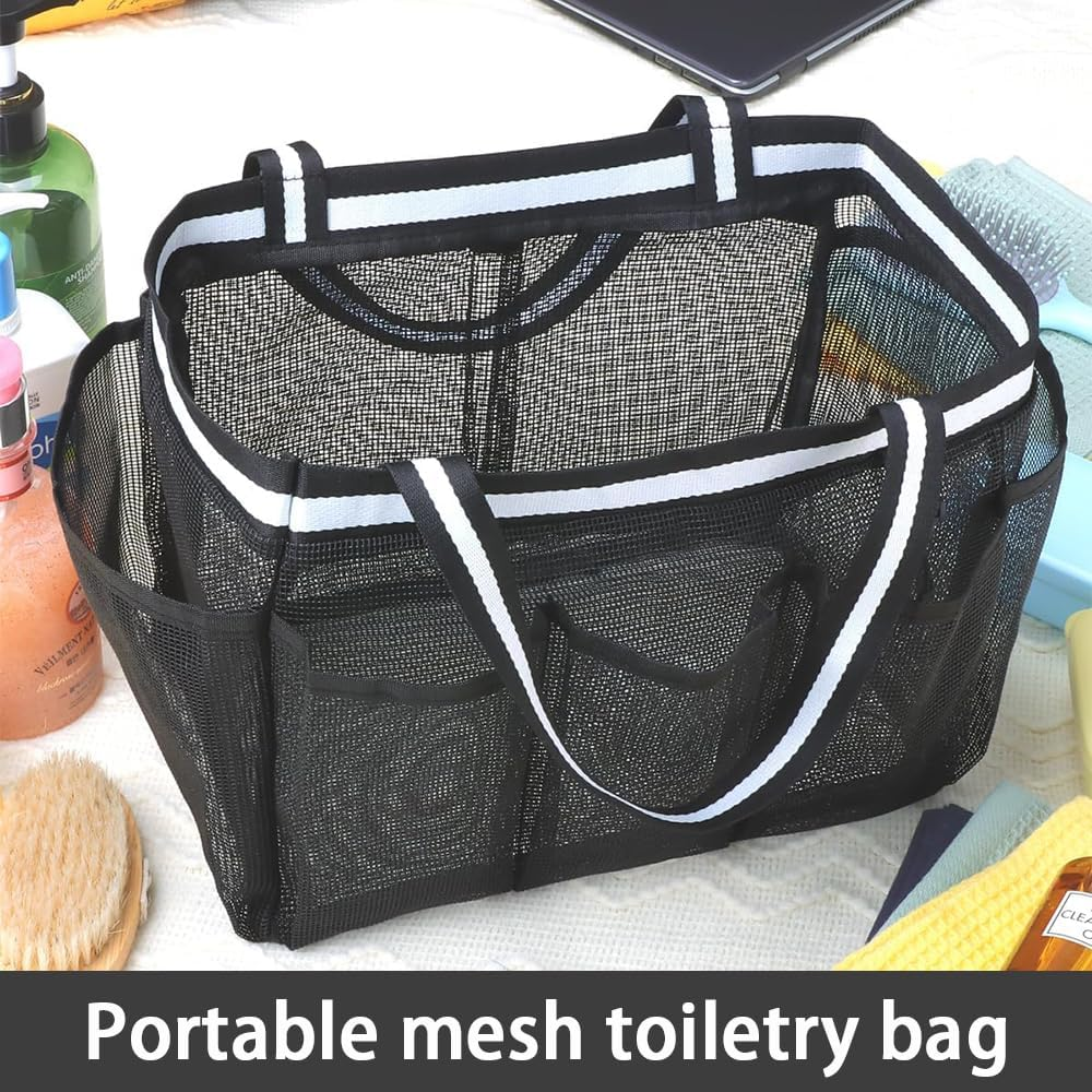 JIUSEGE Mesh Shower Caddy Bag, Portable Quick-Dry Bathroom Shower Basket with Handles, Dorm Room Essential for College, Camping, Travel & Gym, Black image number 4
