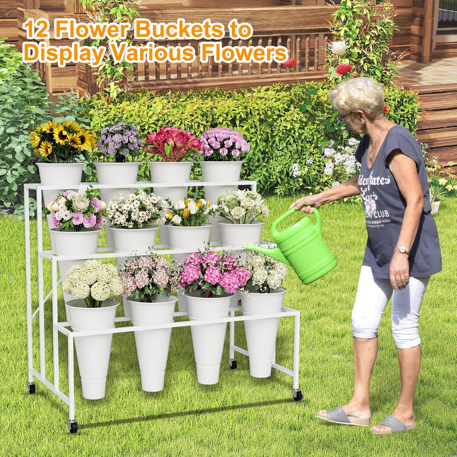 Flower Stand, 3-Tier Display Stand with Buckets for Indoor Outdoor, Flower Cart Display Stand with Wheels for Courtyard, Balcony, Shop, Wedding, Party, Exhibition, White image number 5