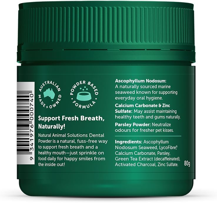 Natural Animal Solutions Dental Powder 80G &ndash; Natural Oral Supplement for Dogs & Cats, Freshens Breath, Reduces Plaque & Tartar
