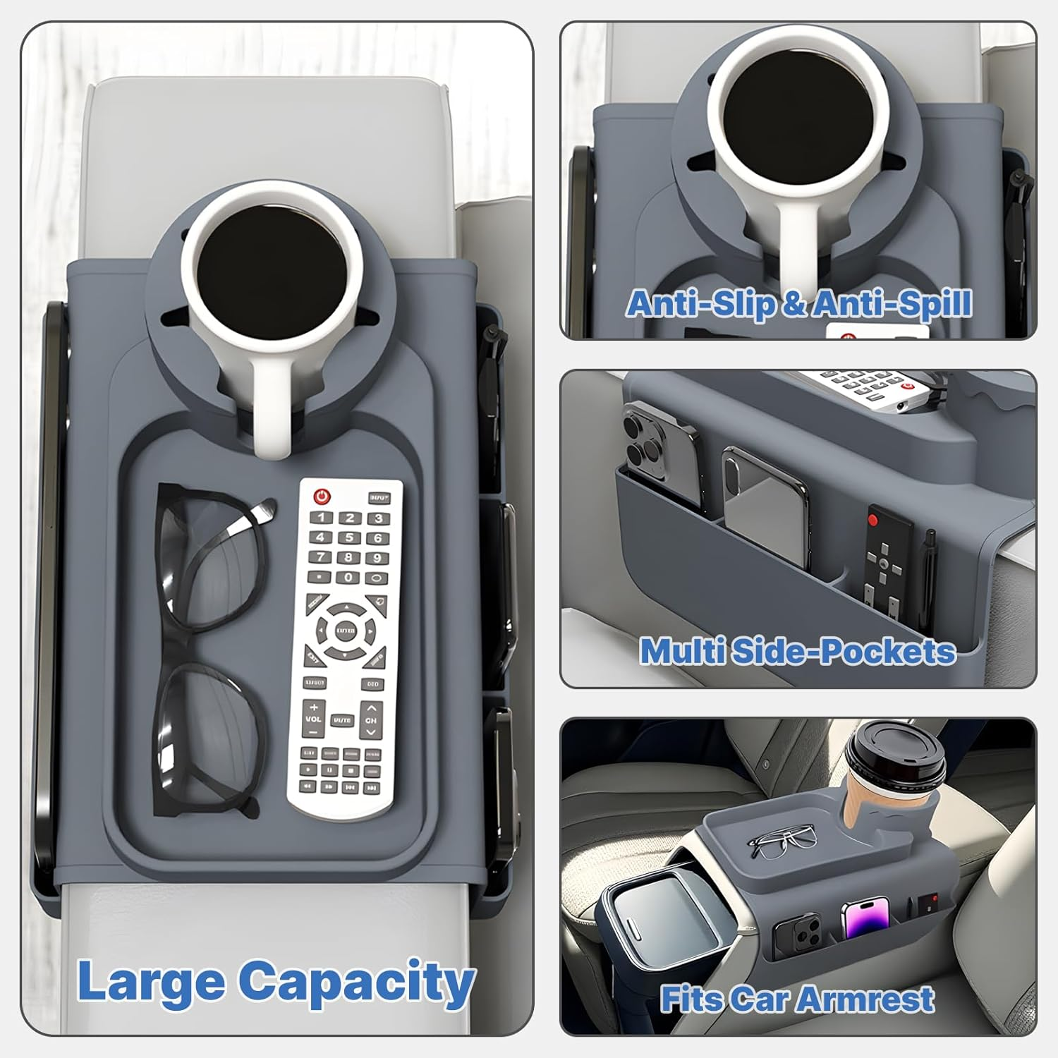 Uandhome Couch Cup Holder Tray, Silicone Sofa Armrest Organizer with Assesory Pockets for Storage Remotes, Cell-Phone,Tablet or Snack, Anti-Spill and Anti-Slip Couch Cup Holder for Drink (Gray)