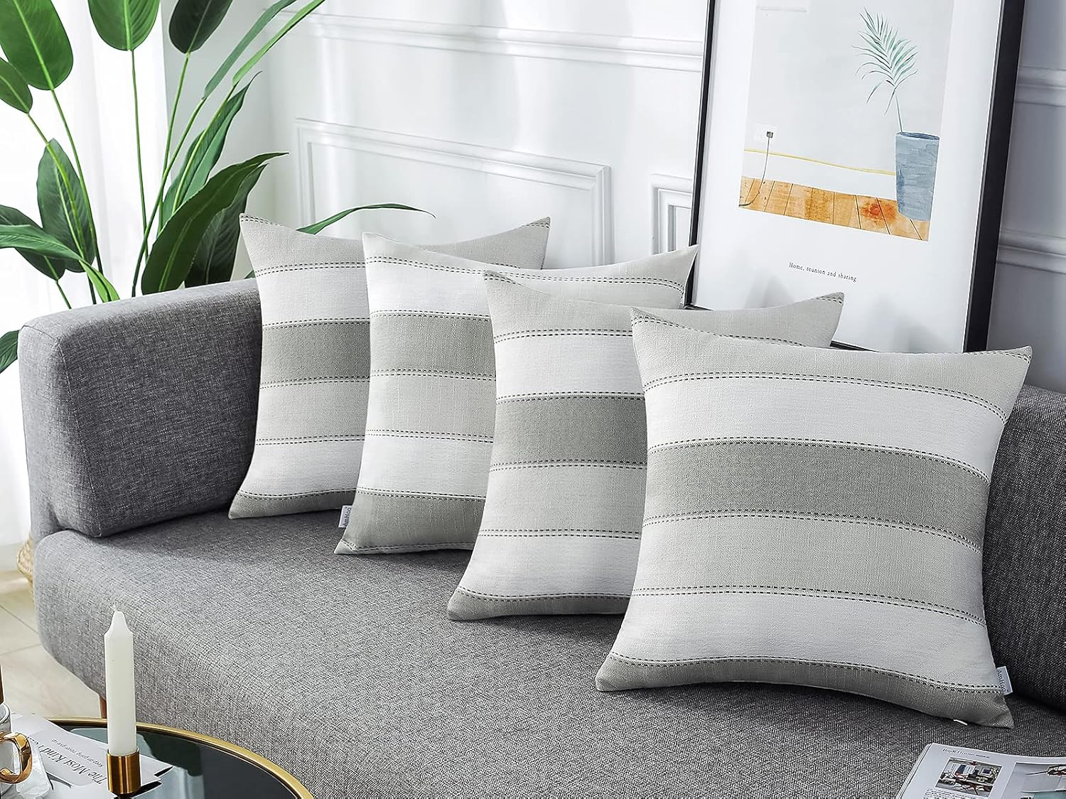 Amhoo Pack of 2 Farmhouse Stripe Check Throw Pillow Covers Set Case Cotton Linen Decorative Pillowcases Cushion Cover for Couch Bench Sofa 18X18Inch Light Grey Beige image number 6