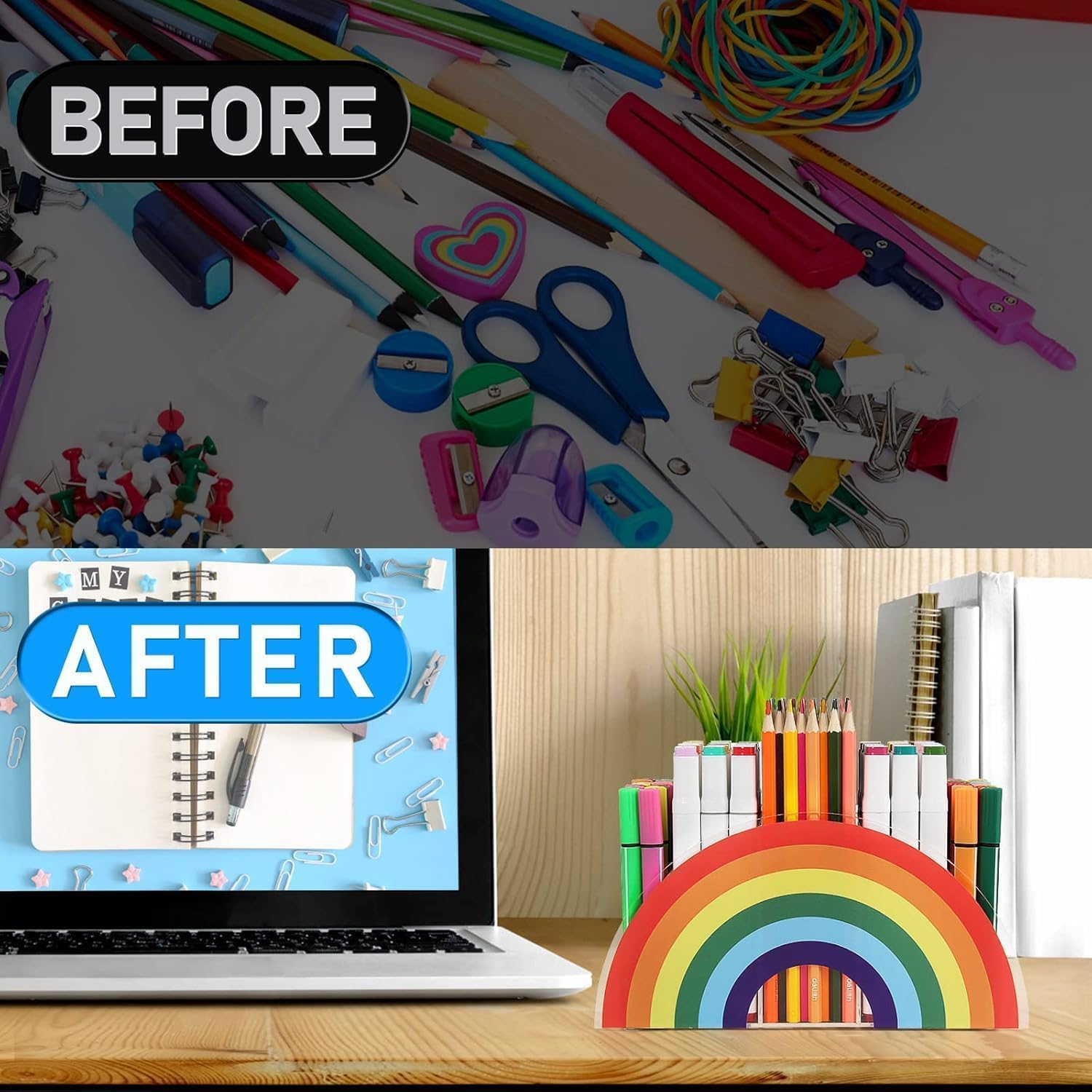 Rainbow Acrylic Pen Pencil Holder Desk Organizer, Modern Corner Desktop Stationery Organizer for Women Kids Students School Art Supplies