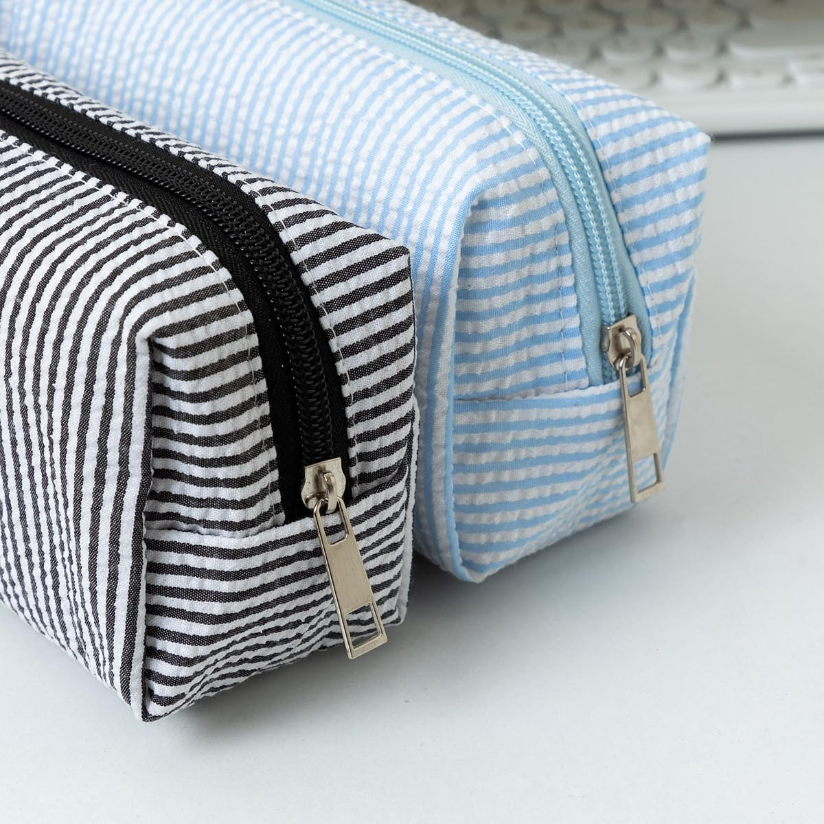 Hfhungkeong Cute Pencil Case, Seersucker Pencil Bag Desktop Stationery Finishing Large Capacity Embroidery Striped Travel Storage Bag, Multifunctional Cosmetic Pouch(Light Blue) - Light Blue image number 4