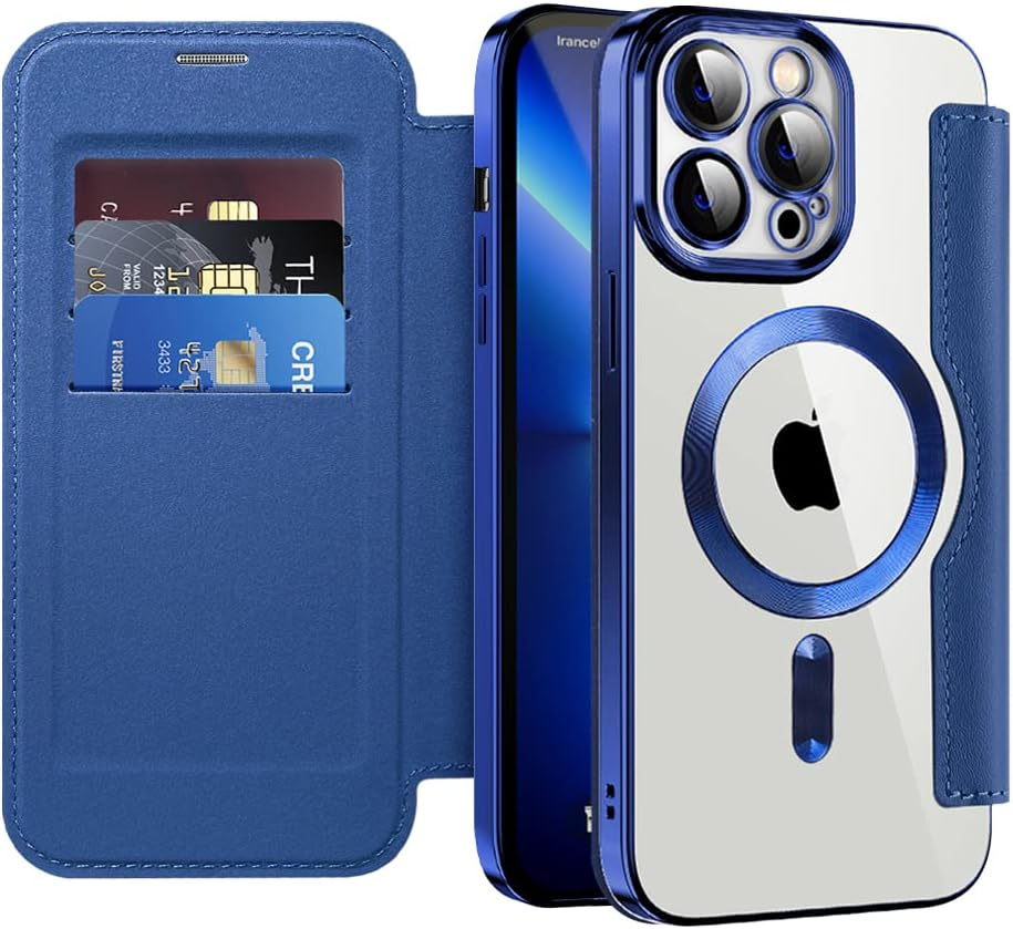 QIWEIQING Magnetic Case for Iphone 13 Pro Max, Compatible with Magsafe, PU Leather Flip Wallet with Card Slot, Transparent Back Mobile Phone Case for Iphone 13 Pro Max, Black JDC