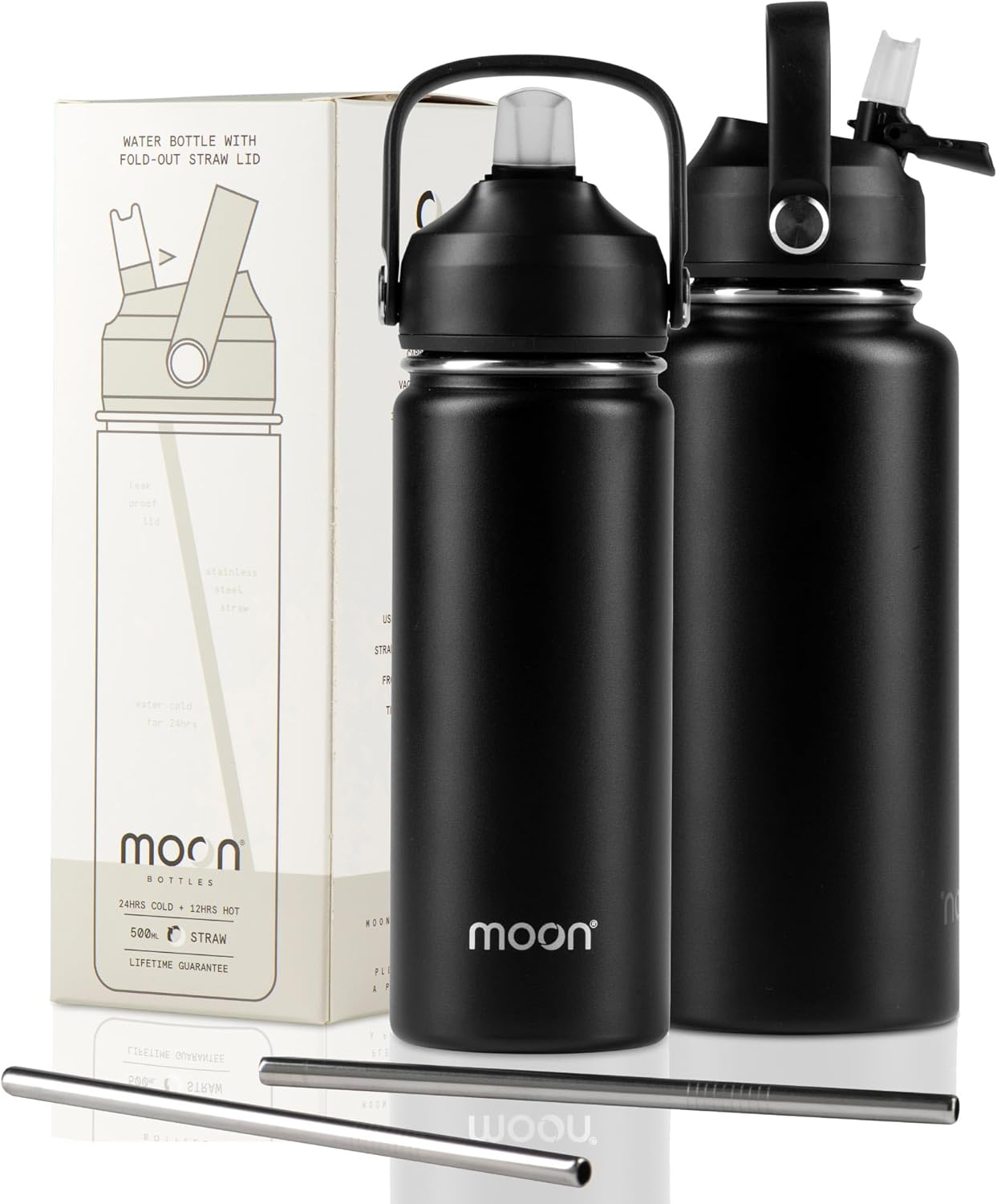 Moon Bottles - Insulated Water Bottle with Straw - Stainless Steel Sports Drink Bottle, Thermal Flask, 24Hr Cold, 12Hr Hot, Double Walled, Metal Straw, Silicon Spout, Australian Company (500Ml, Black)