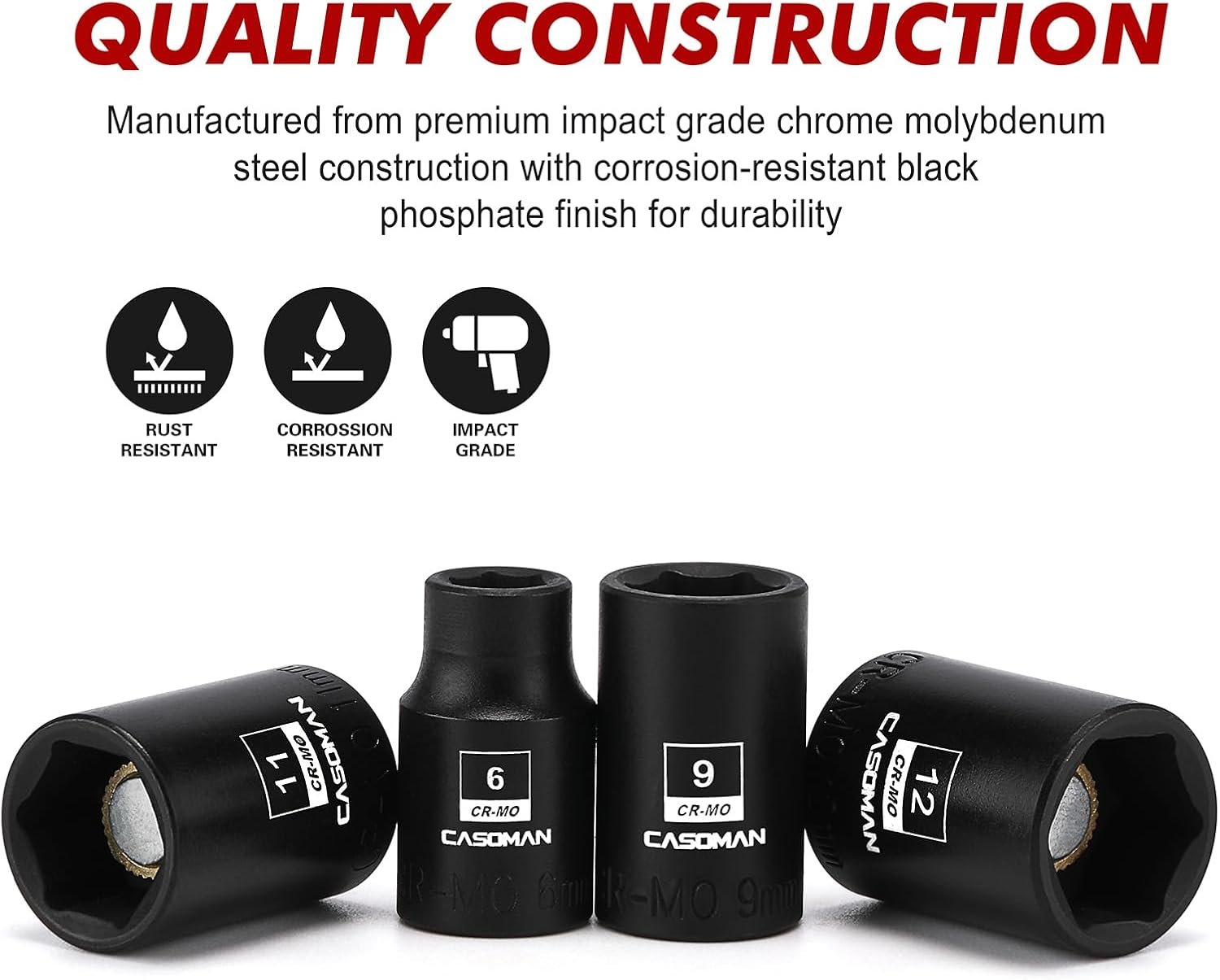 CASOMAN 14PCS 1/4"Drive Magnetic Impact Socket Set, Shallow, 6-Point, Metric, 4Mm to 15Mm, CR-MO Steel image number 3