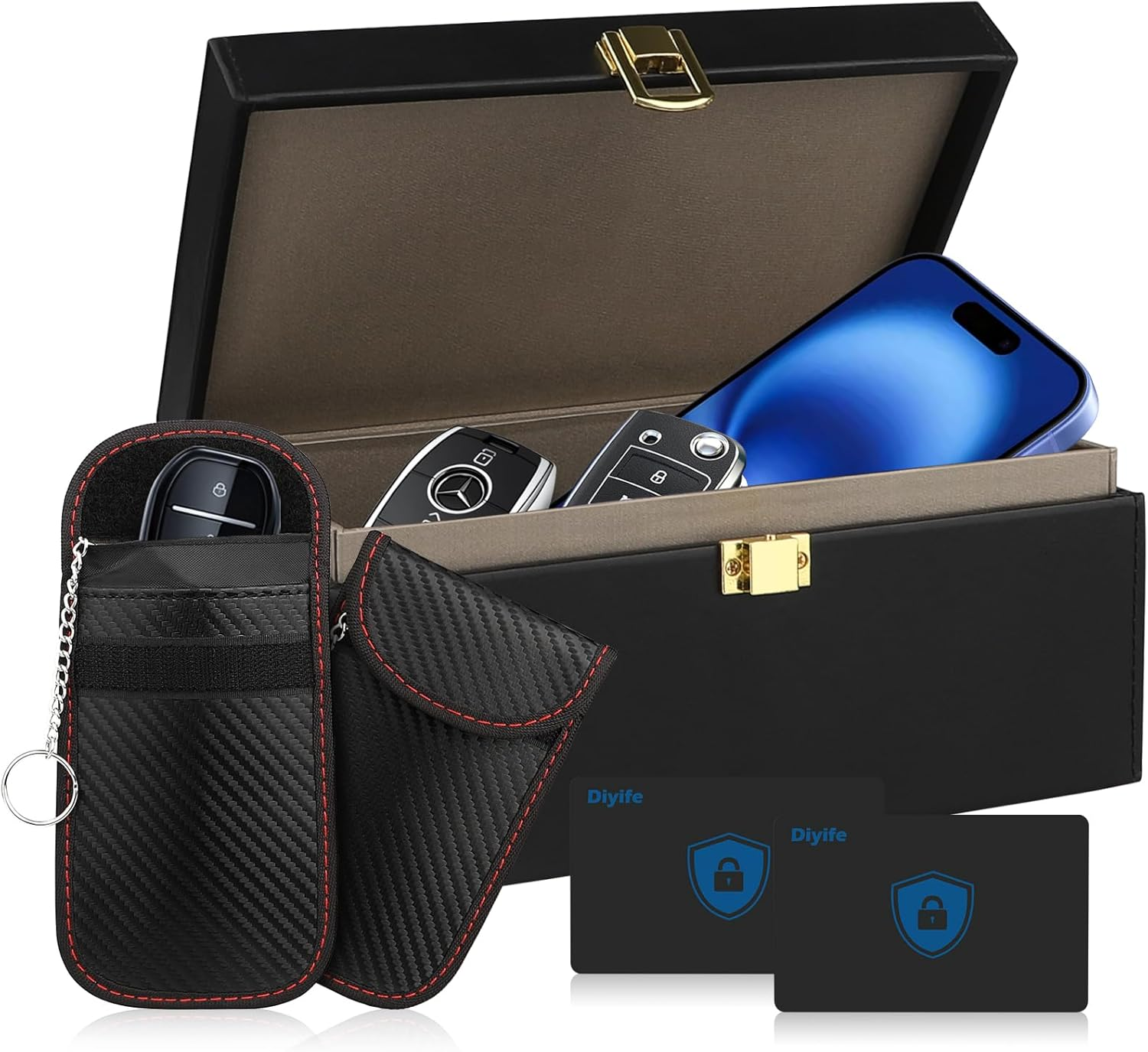 Diyife Classic Large Car Key Signal Blocker Box, plus 2 Pack Faraday Pouch & Blocker Cards, Anti-Theft Key Fob Protector, RFID Signal Blocking Box, 8-12 Car Keys Capacity, Black, Leather image number 6