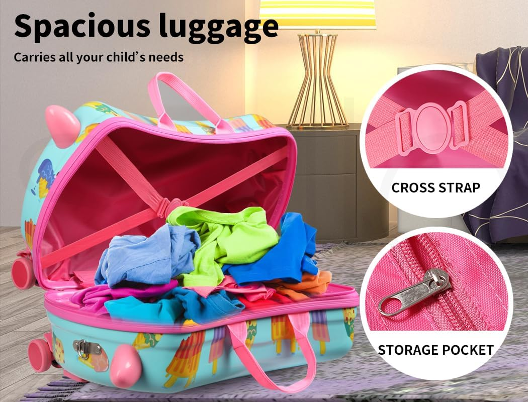 Bopeep Kids Ride-On Suitcase Scooter Children 2-In-1 Travel Rolling Luggage Organizer Carry-On Bag Trolley, W/Spinner Wheels, Shoulder Strap, for Kids Toddlers, Waterproof Shell(Ice Cream Pattern) image number 5