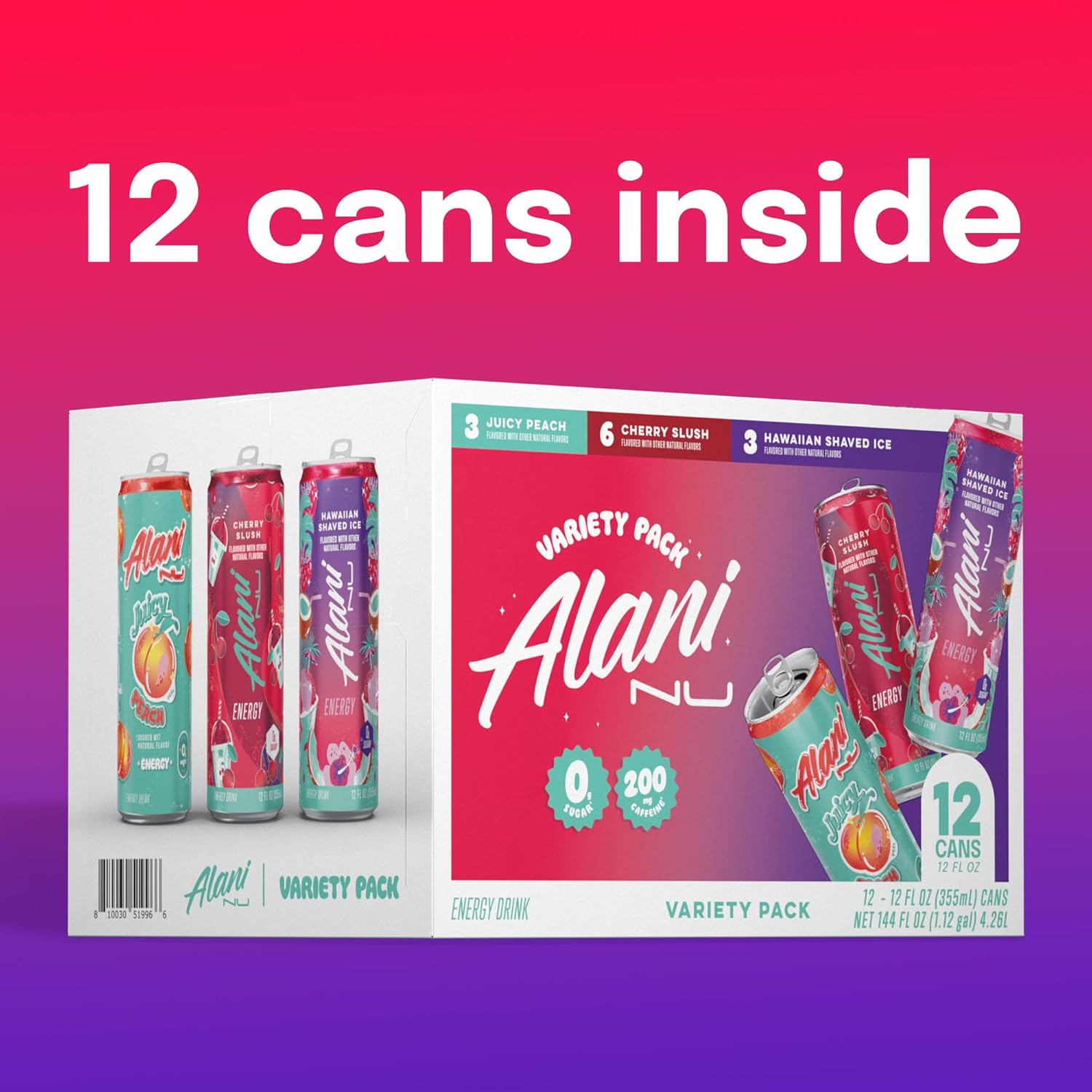 Alani Nu VARIETY PACK CHERRY SLUSH, JUICY PEACH, HAWAIIAN SHAVED ICE Sugar Free, Low Calorie Energy Drinks, 200Mg Caffeine, Biotin B Vitamins, Zero Sugar, 10 Calories, 12 Fl Oz Cans, 12 Pack image number 4