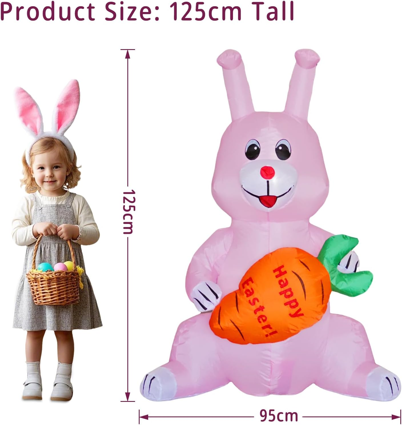 ONEIN 125CM Easter Bunny Inflatables Outdoor Decorations with Built-In LED Light, Blow up Sitting Rabbit Holds a Carrot for Yard Garden Lawn Decor image number 4