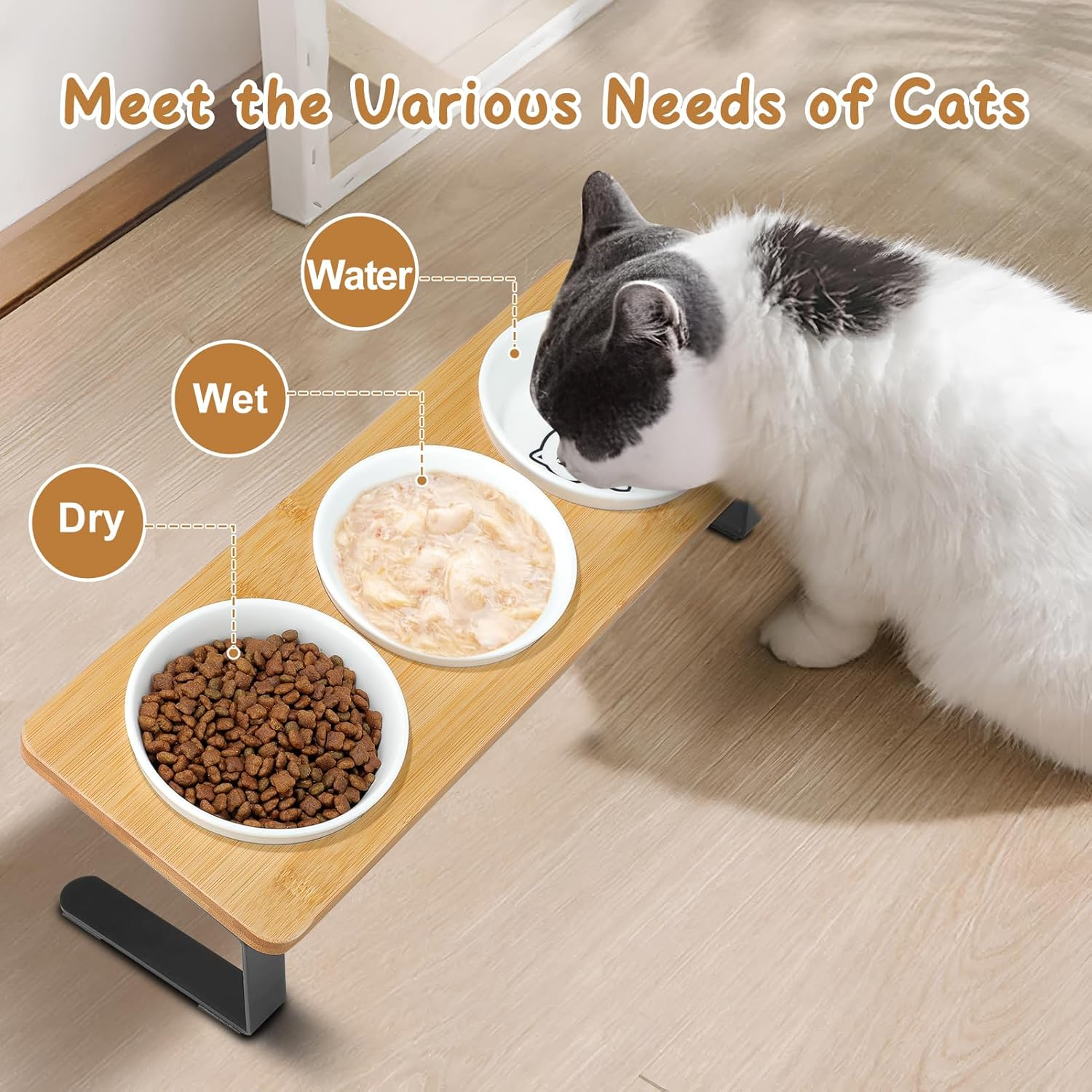 3 Elevated Cat Bowls Tilted anti Vomiting Ceramic Raised Cat Food Bowls for Food and Water, Cat Dishes for Indoor Cats with Non-Slip Stand & Bamboo Board, Dishwasher Safe - 1 Step Assemble image number 6